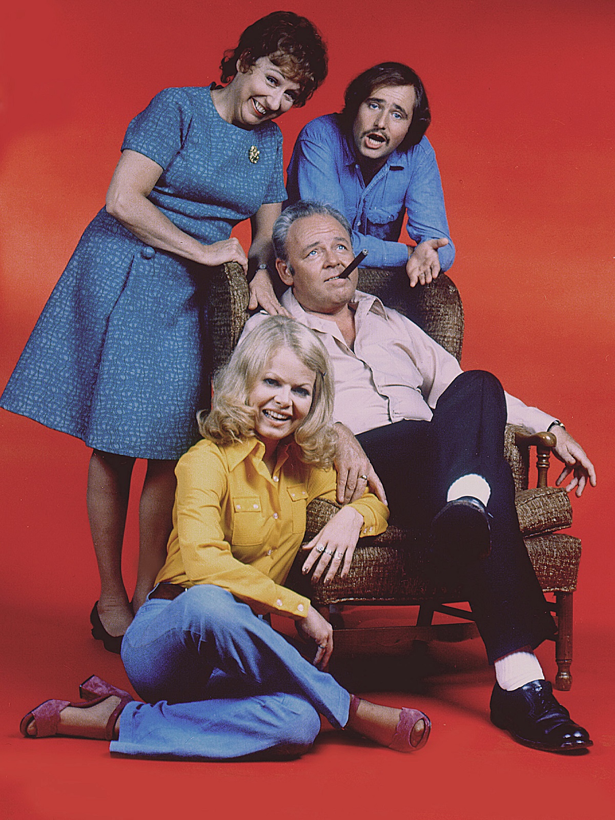 Carroll O'Connor, Sally Struthers, Rob Reiner, and Jean Stapleton as their characters in 'All in the Family'