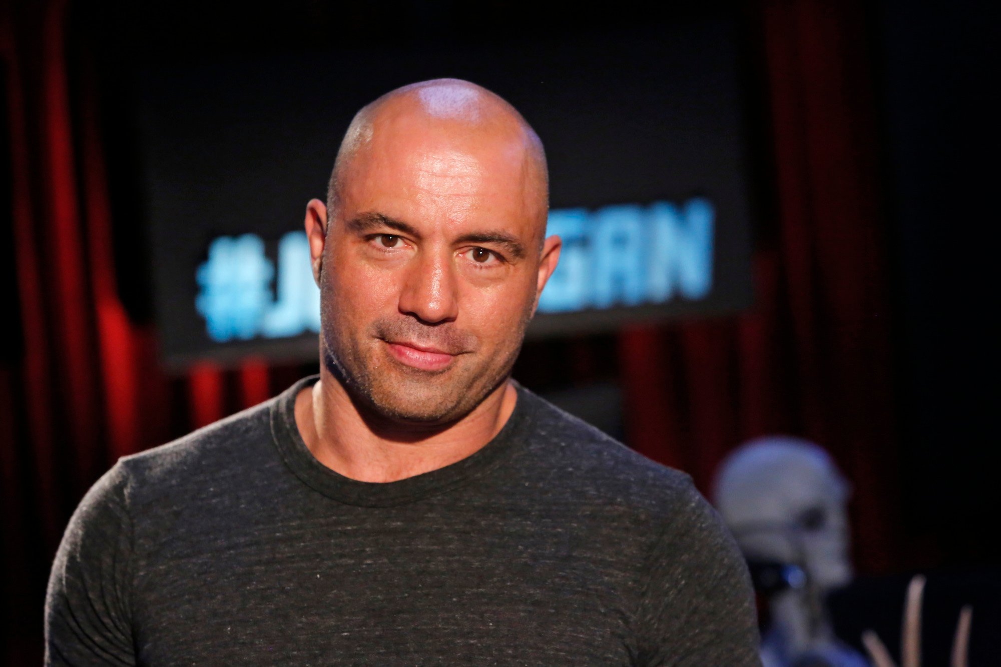 Joe Rogan smiling in front of a blurred background