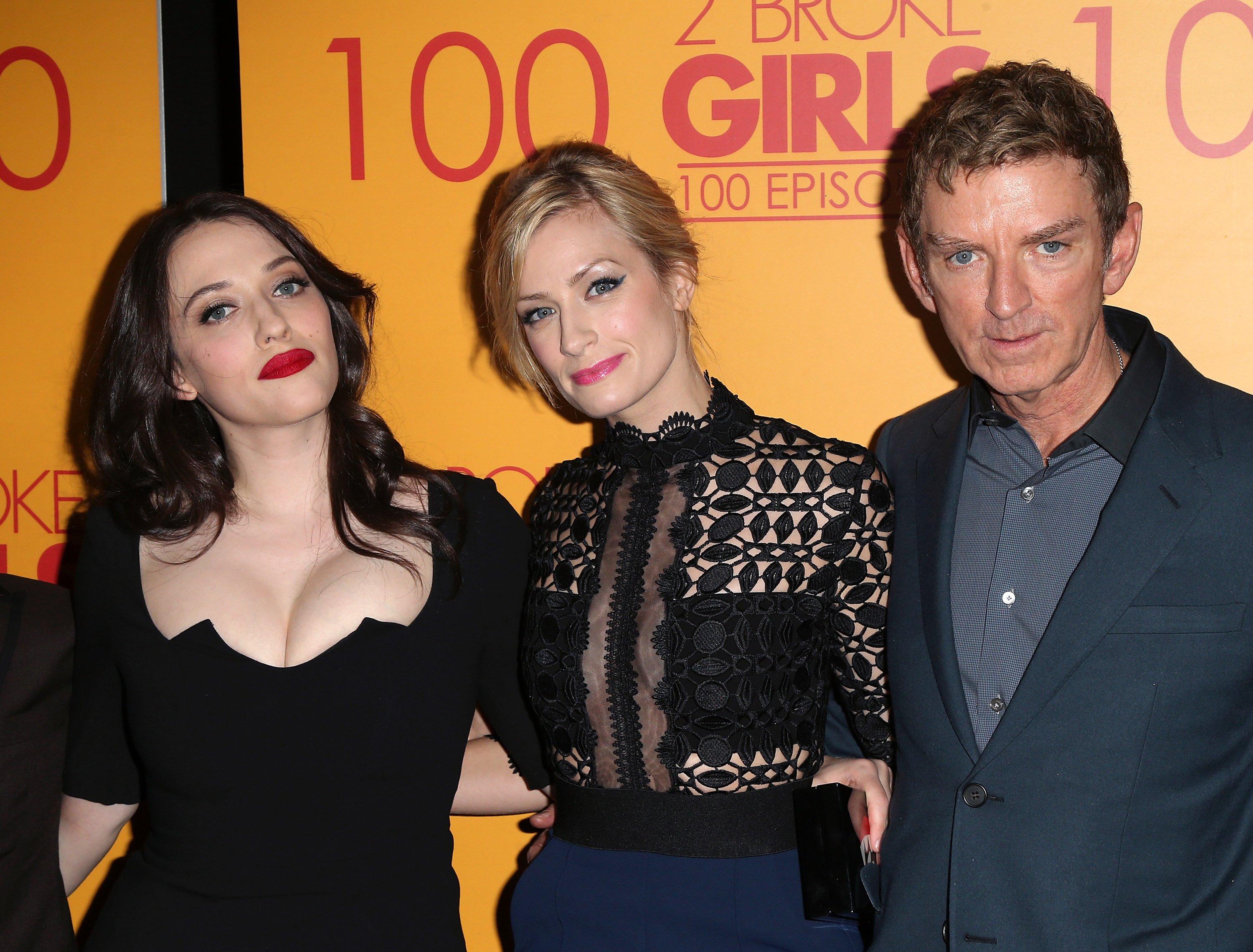 Kat Dennings and Beth Behrs with Michael Patrick King at the 100th episode celebration for '2 Broke Girls'