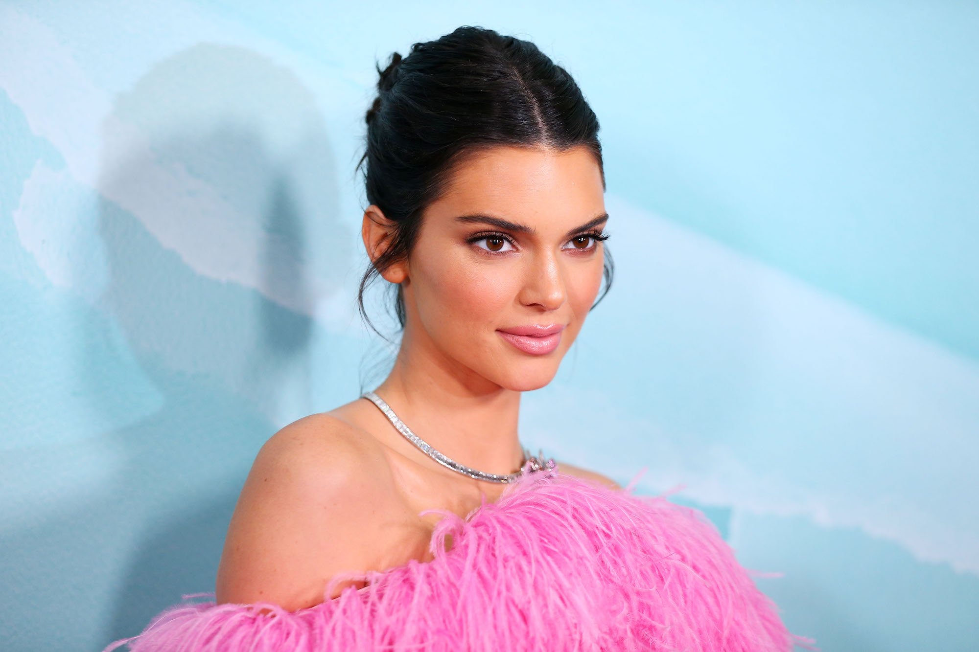 Kendall Jenner smiling standing in front of a blue background