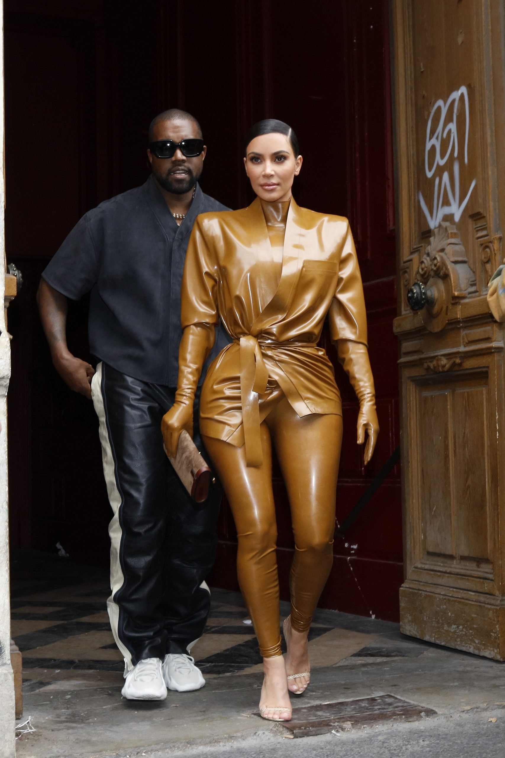 Kim Kardashian and Kanye West at the Theatre des Bouffes du Nord to attend Kanye West's Sunday Service on March 01, 2020 in Paris, France.