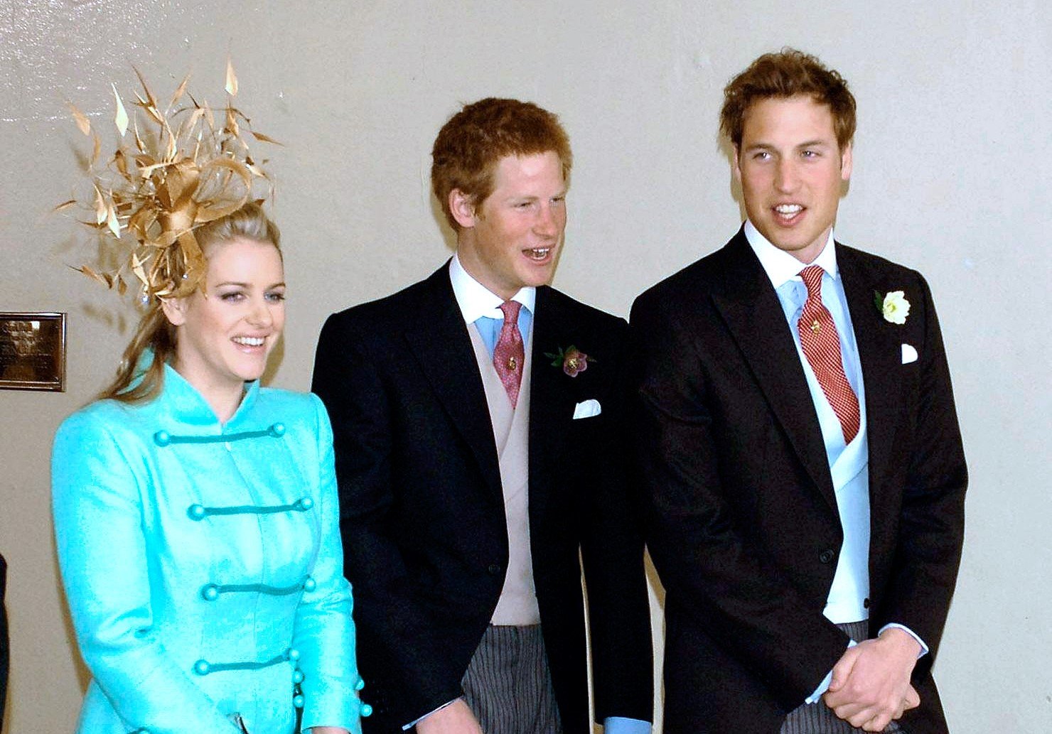 (L-R) Laura Lopes (nee Parker Bowles), Prince Harry, and Prince William 