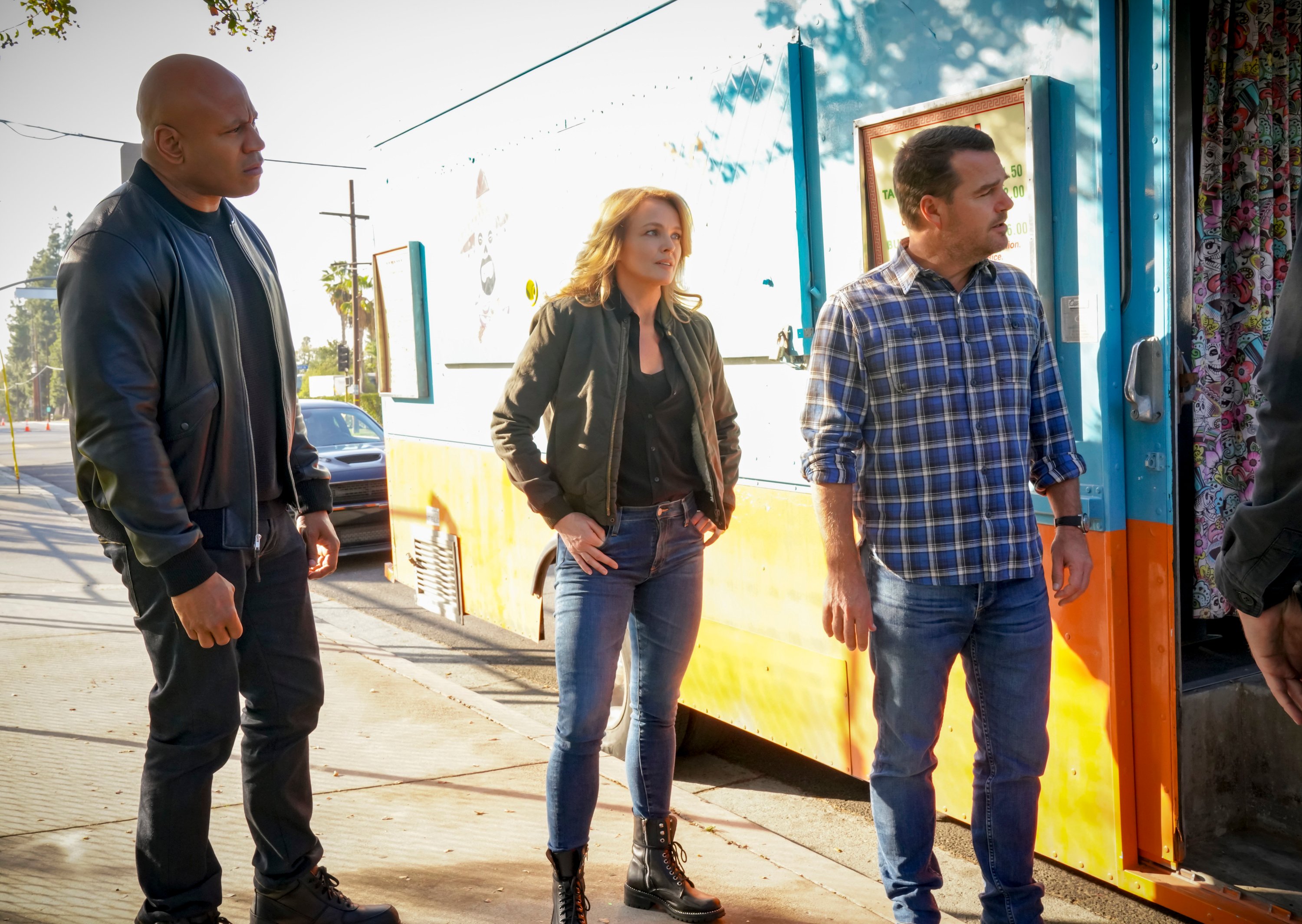 LL Cool J, Dina Meyers, and Chris O'Donnell on the set of NCIS Los Angeles |  Bill Inoshita/CBS via Getty Images