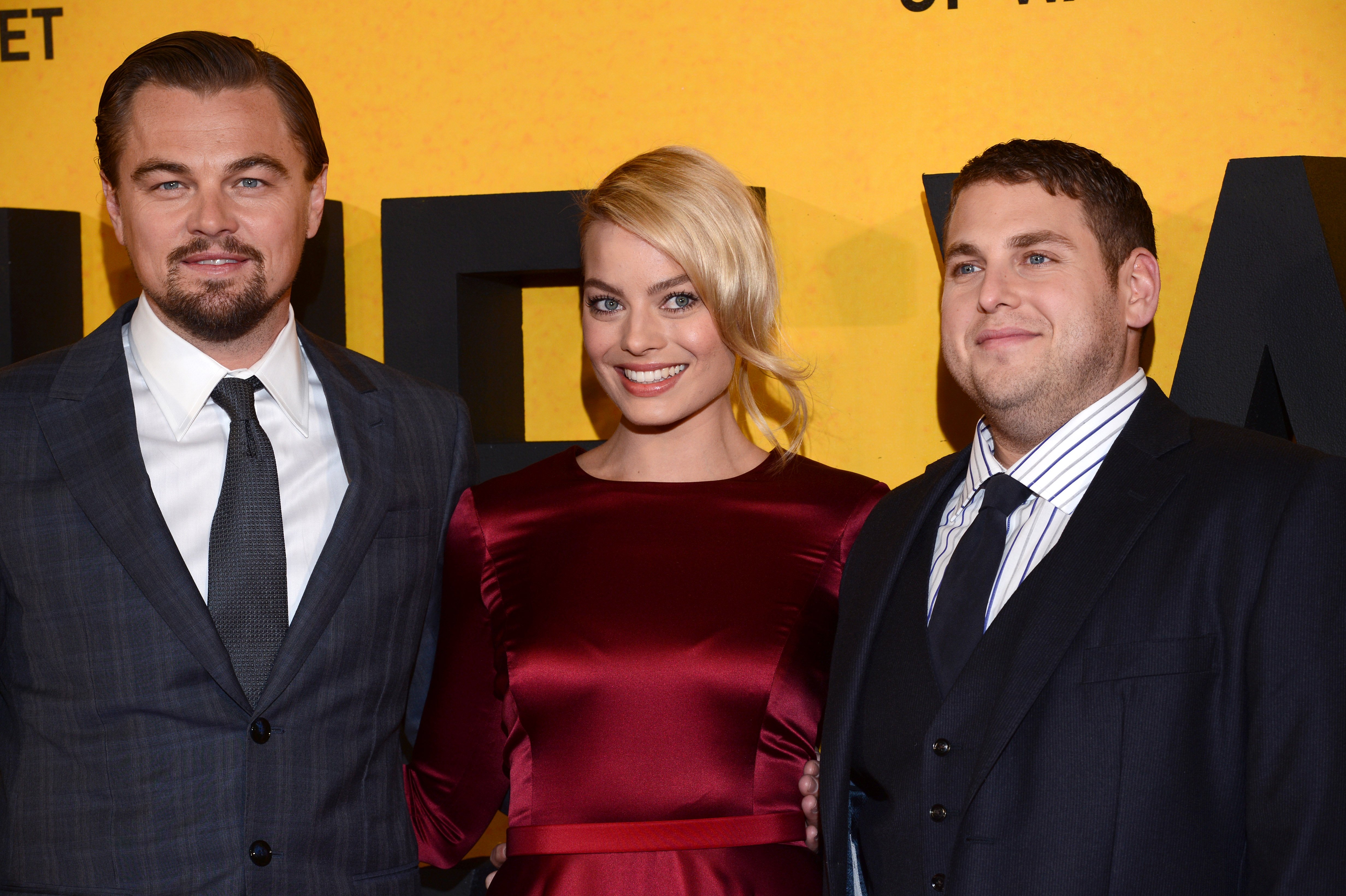 Leonardo DiCaprio, Margot Robbie and Jonah Hill attend the UK Premiere of "The Wolf Of Wall Street" at the Odeon Leicester Square on January 9, 2014 in London, England.