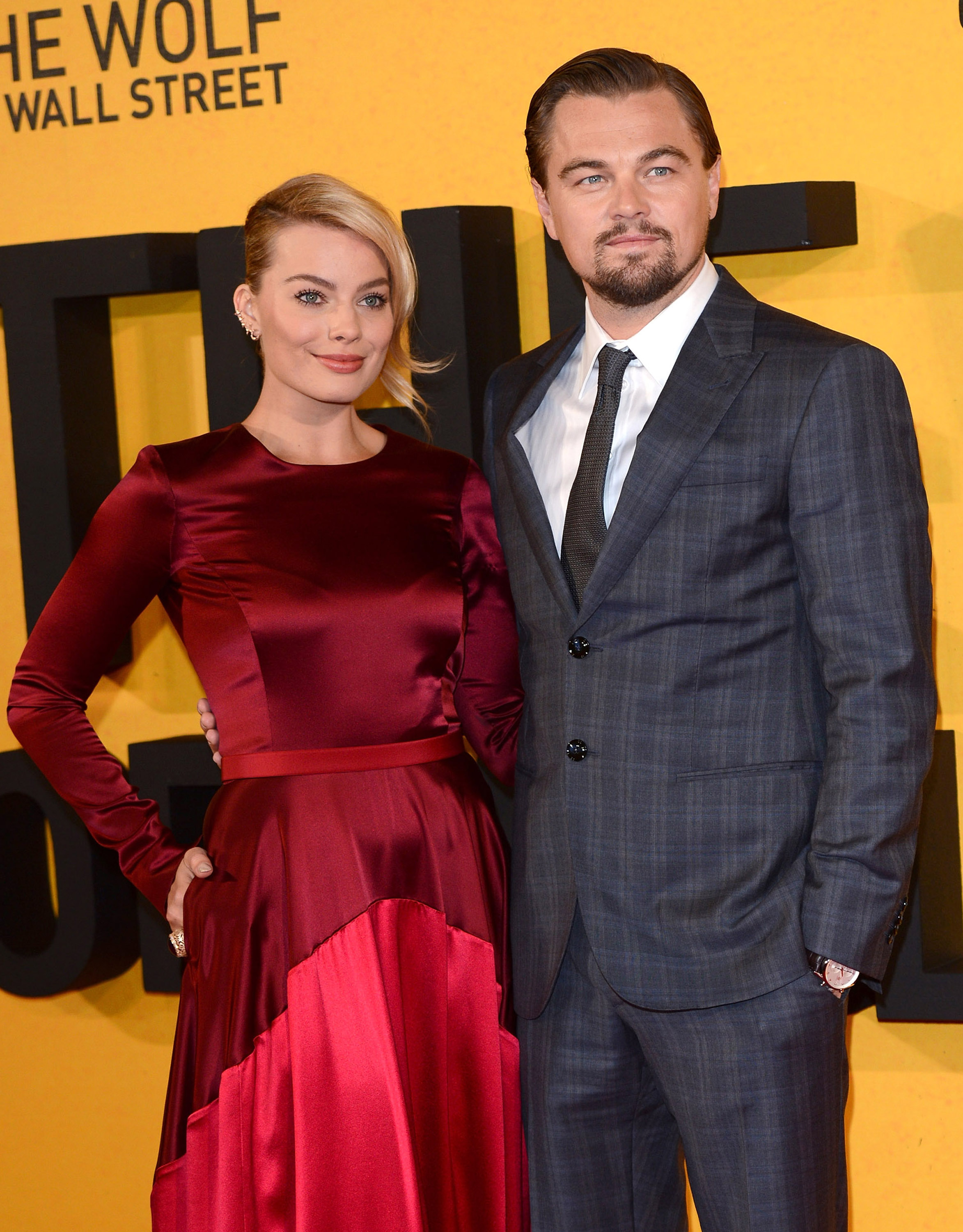 Margot Robbie and Leonardo DiCaprio attend the UK Premiere of "The Wolf Of Wall Street" at the Odeon Leicester Square on January 9, 2014 in London, England.