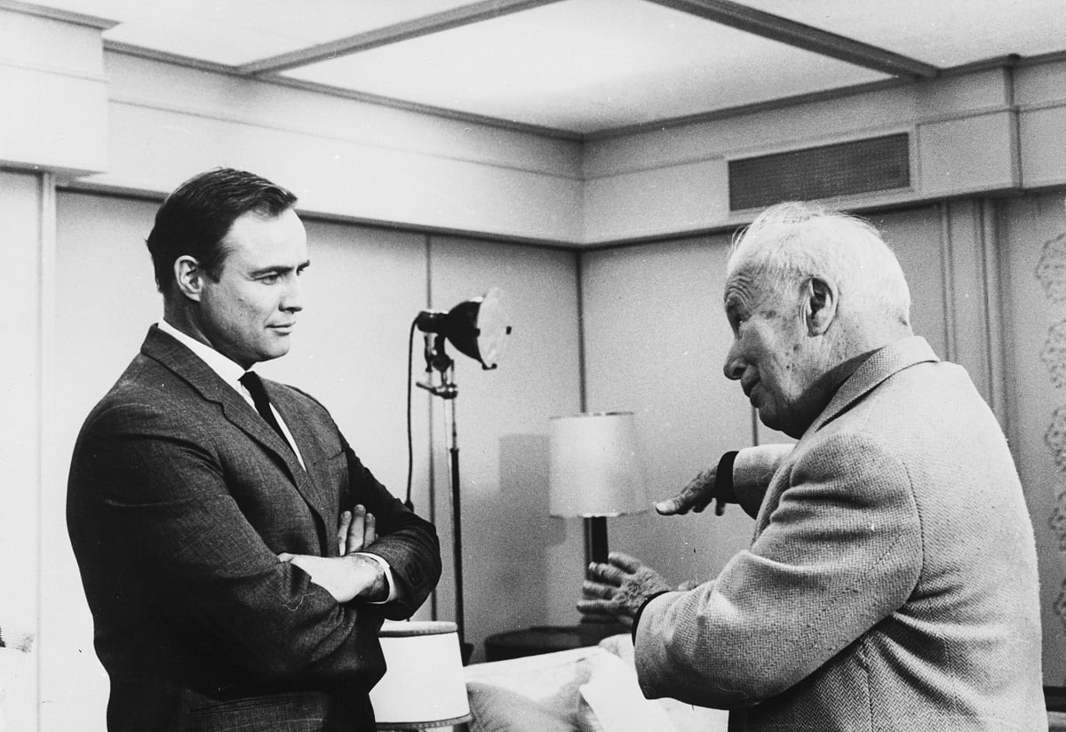 Charlie Chaplin and Marlon Brando on the set of 'A Countess From Hong Kong'