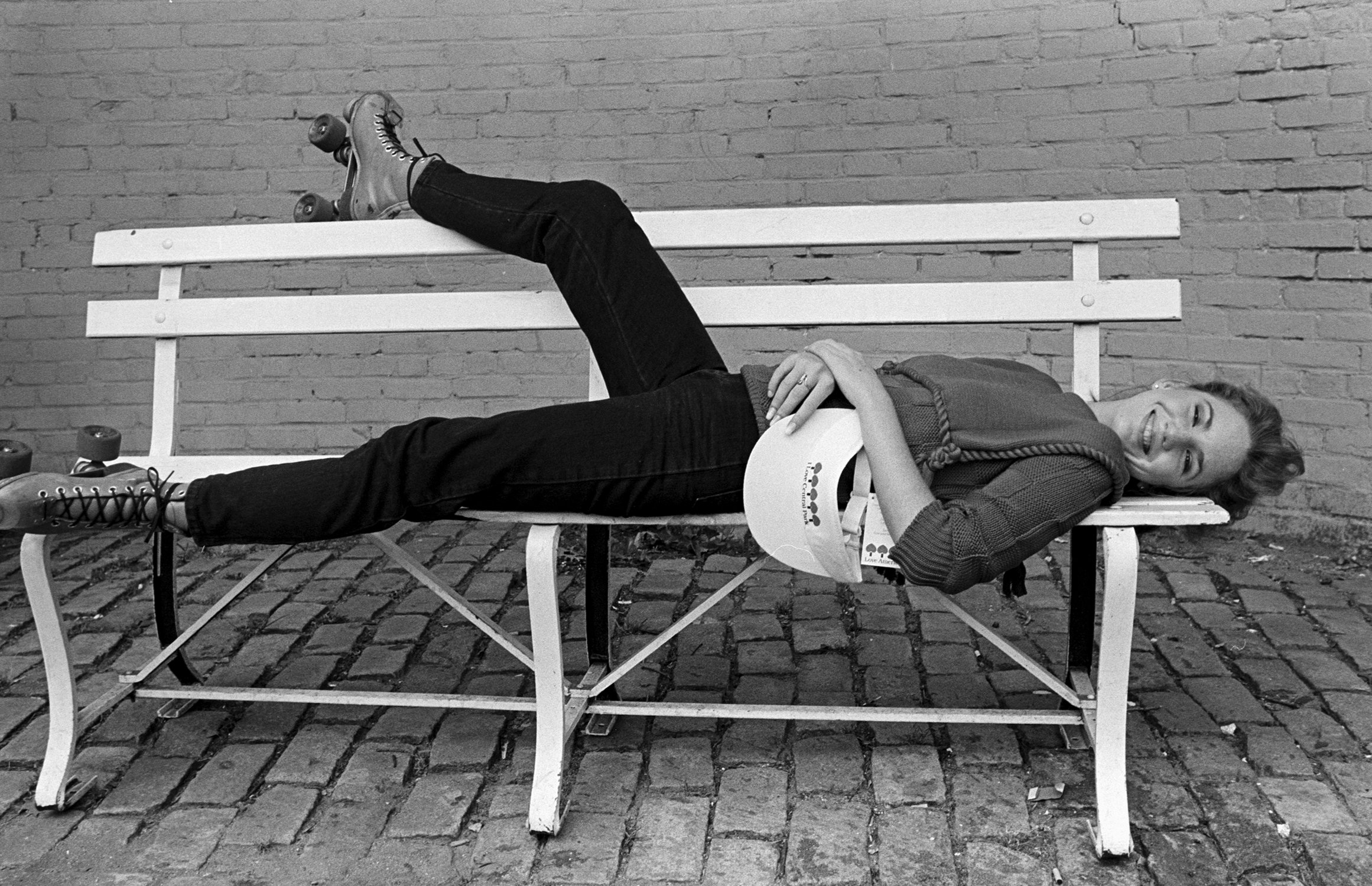 Melissa Gilbert poses on a bench