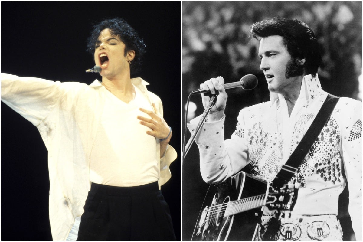 Side-by-side pictures of Michael Jackson and Elvis Presley singing 