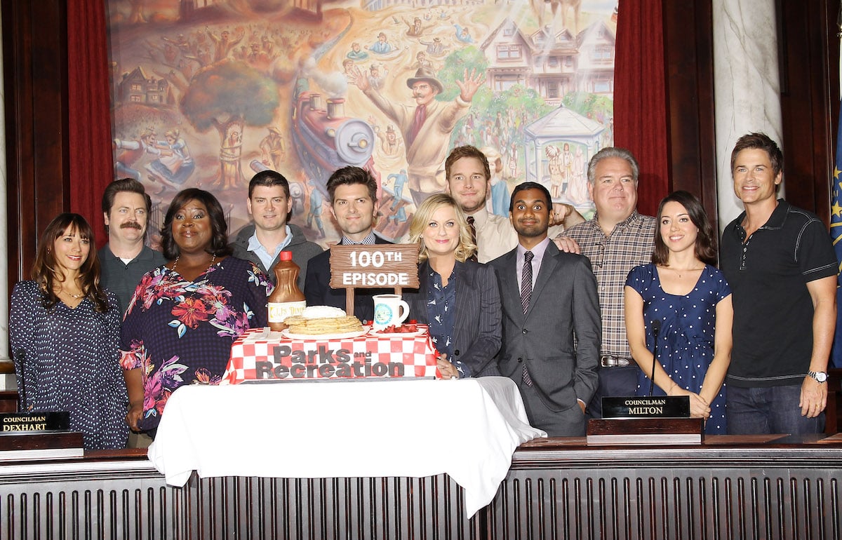 Rashida Jones (left), Nick Offerman, Retta, Michael Schur, Adam Scott, Amy Poehler, Chris Pratt, Aziz Ansari, Jim O'Heir, Aubrey Plaza, and Rob Lowe attend the 'Parks And Recreation' 100th episode celebration held at CBS Studios - Radford on October 16, 2013, in Studio City, California.