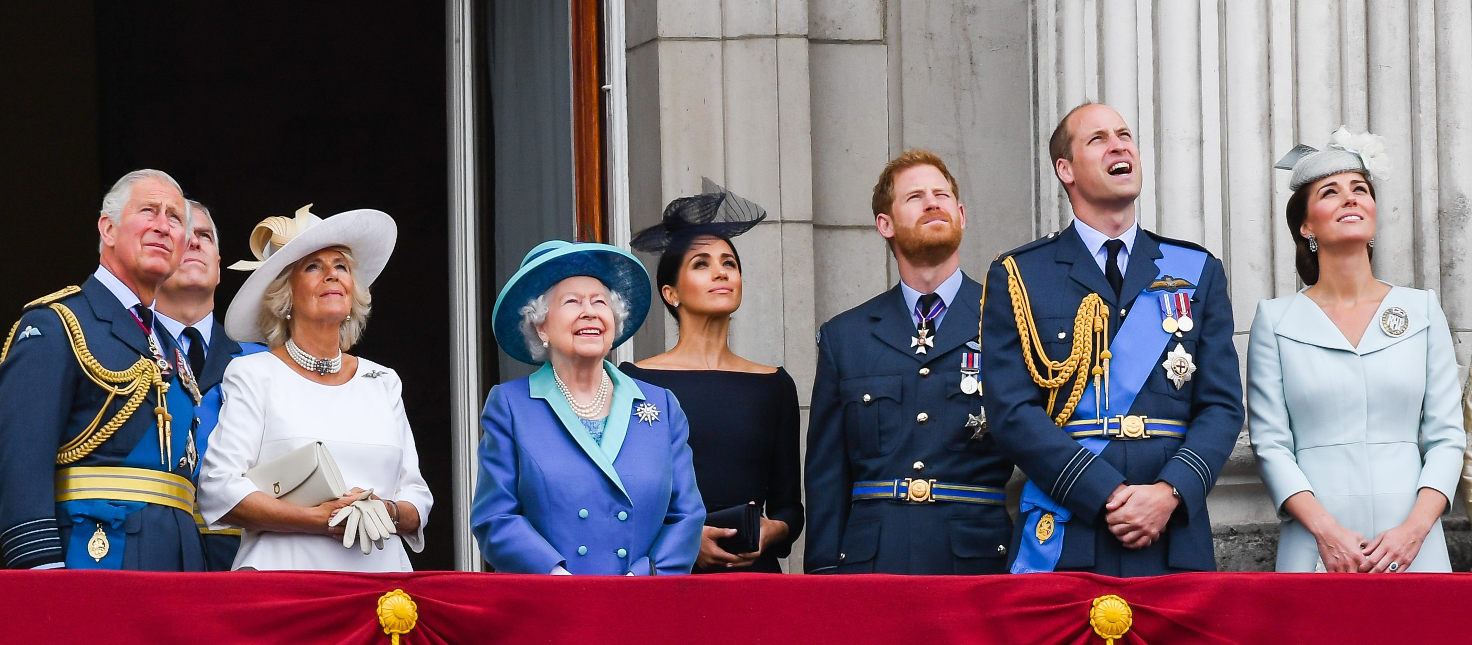Prince Charles, Camilla Parker Bowles, Prince Andrew, Queen Elizabeth ll, Meghan Markle, Prince Harry, Prince William, and Kate Middleton