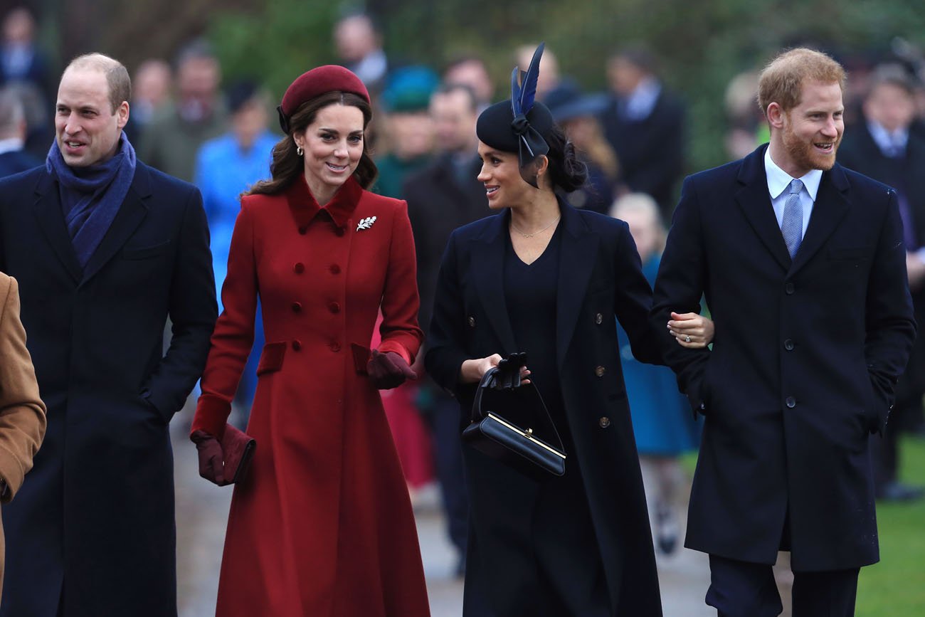 Prince William, Kate Middleton, Meghan Markle, and Prince Harry walk in a row to church