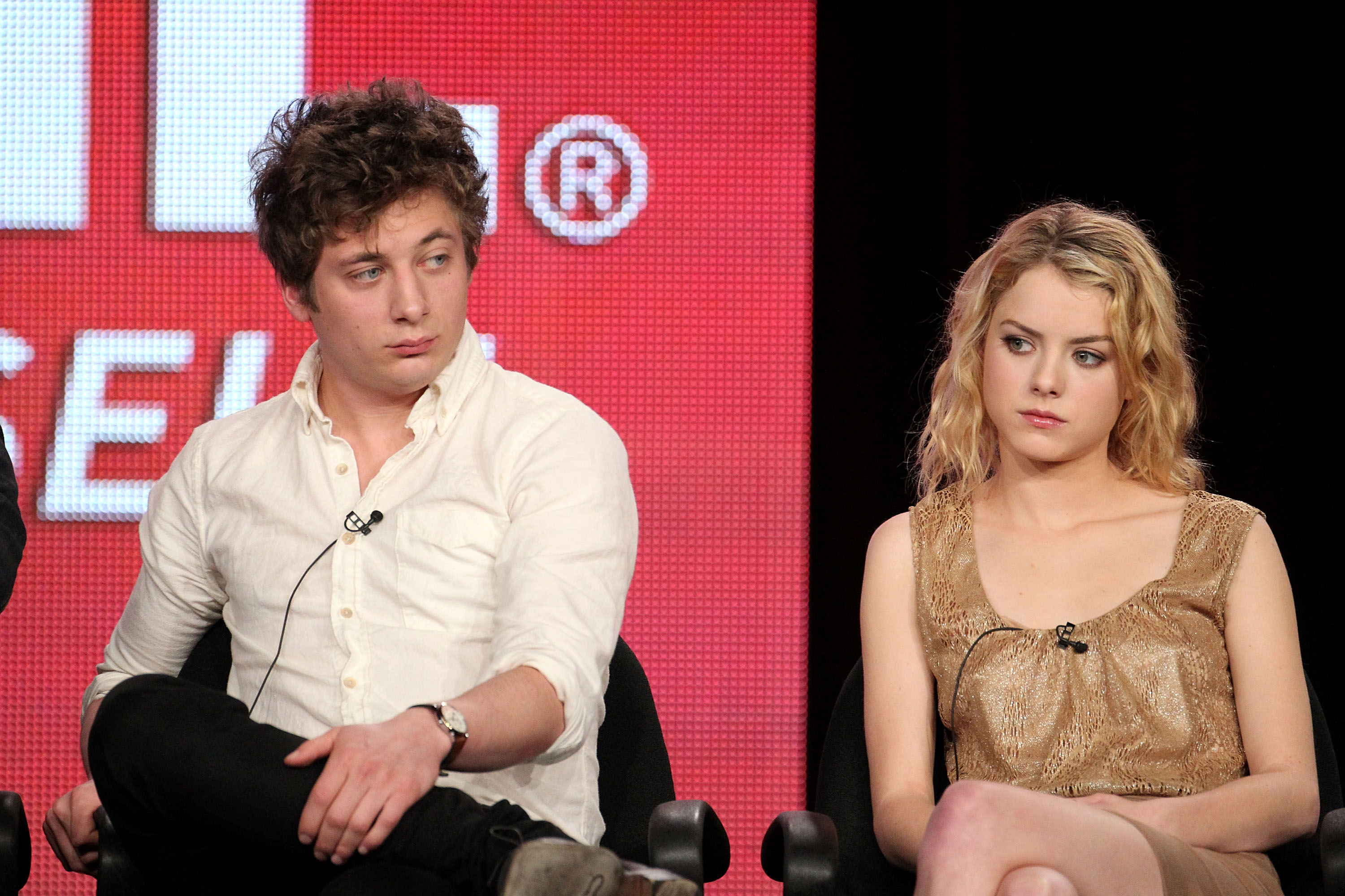 Actors Jeremy Allen White (L) and Laura Wiggins of the television show 'Shameless' speak during the Showtime portion of the 2012 Television Critics Association Press Tour