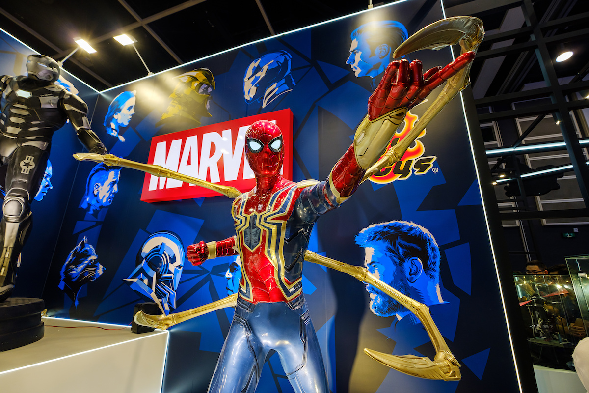 Marvel movie backdrop display with Spider-man replica at the Ani-Com & Games HK Exhibition event in Hong Kong