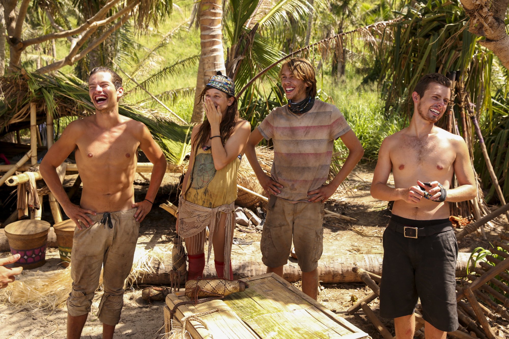 (L-R) Justin "Jay" Starrett, Michelle Schubert, Will Wahl, and Adam Klein laughing at a 'Survivor' shelter