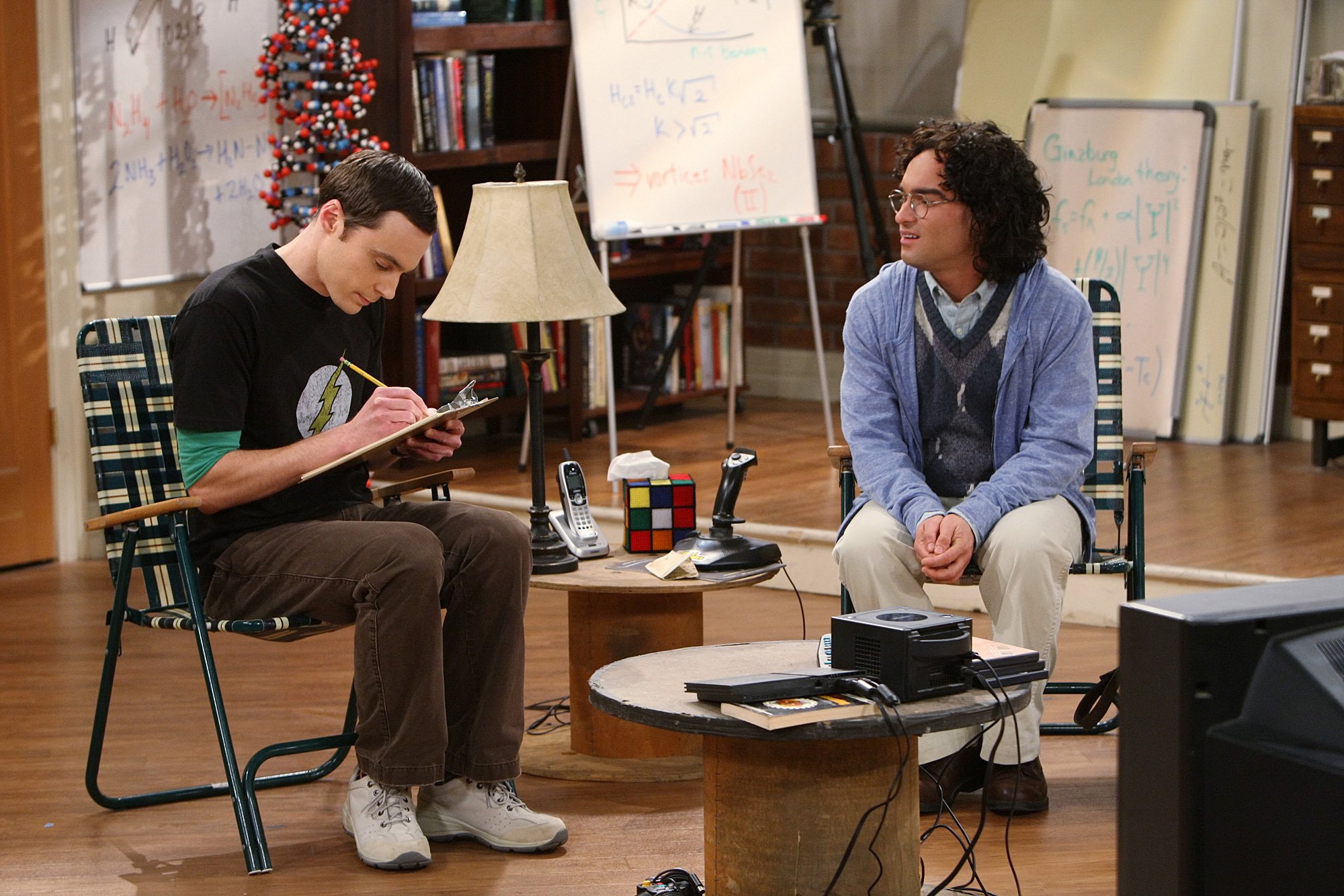 Sheldon Cooper and Leonard Hofstadter sit in their apartment in an episode of 'The Big Bang Theory'