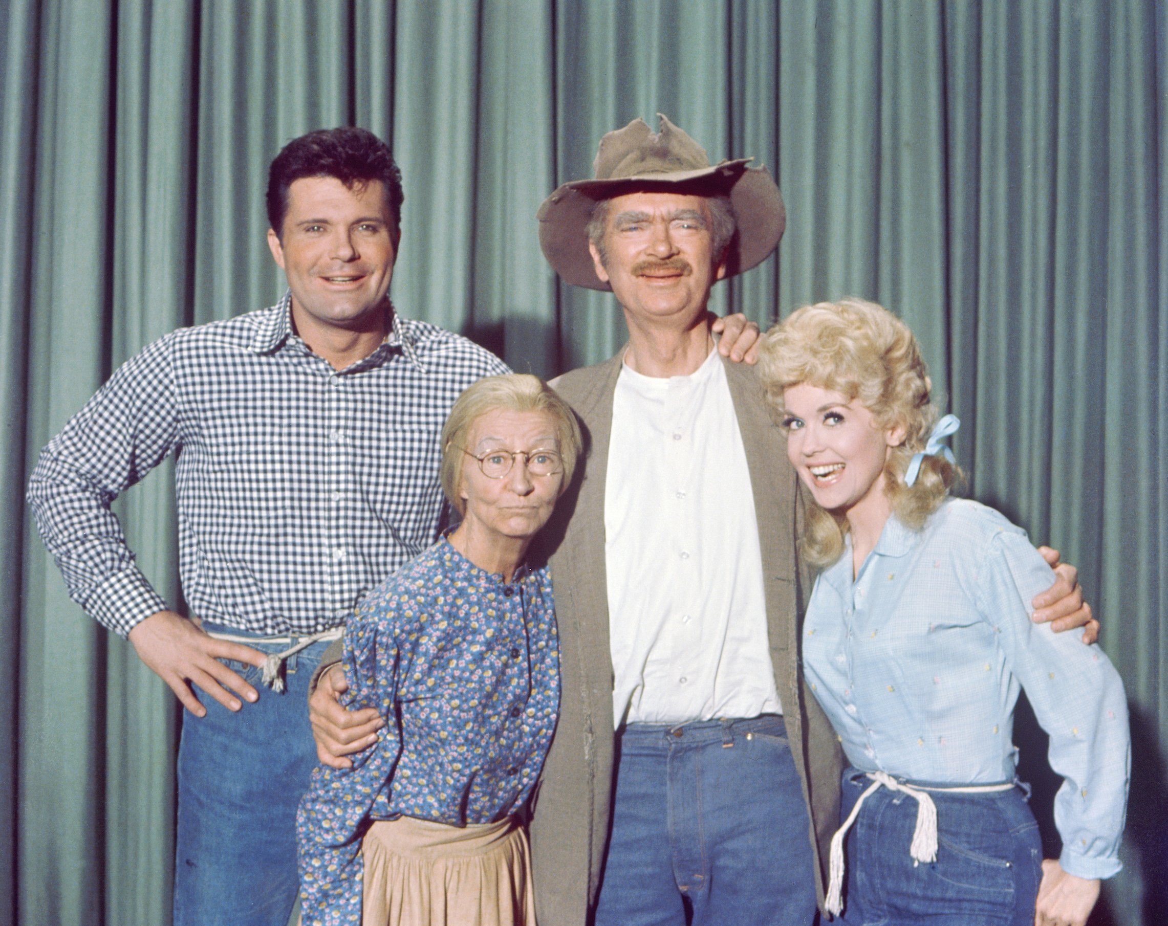 Max Baer, Jr. (as Jethro Bodine); Irene Ryan (as Granny, Daisy Moses);  Buddy Ebsen (as Jed Clampett); and Donna Douglas (as Elly May Clampett) from 'The Beverly Hillbillies'