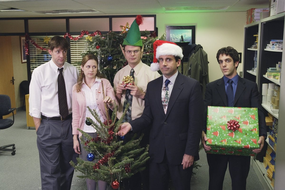 John Krasinsky as Jim Halpert, Jenna Fischer as Pam Beesly, Rainn Wilson as Dwight Shrute, Steve Carell as Michael Scott, B.J. Novak as Ryan Howard in NBC's The Office.