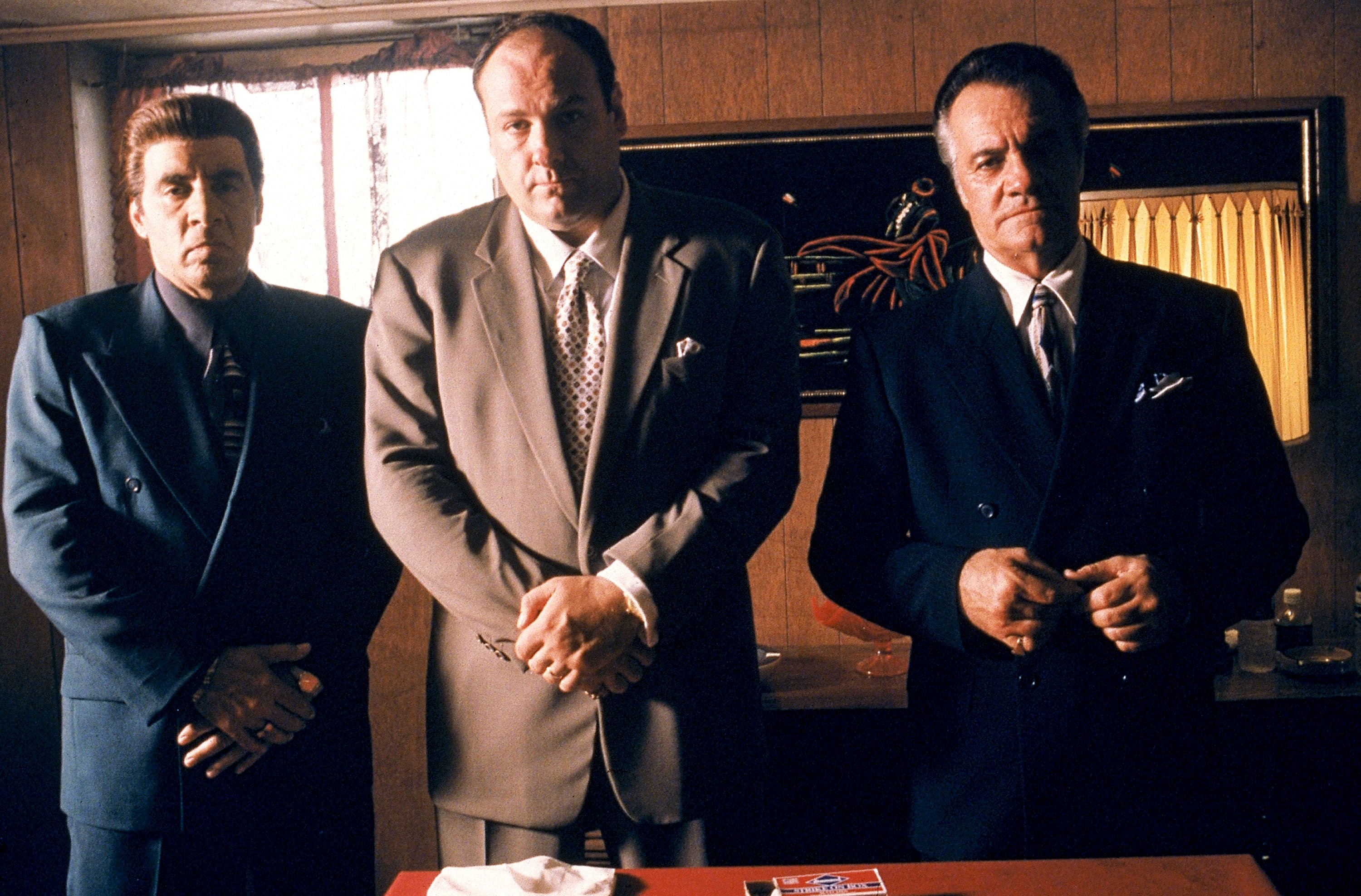 Steven Van Zandt as Silvio Dante, James Gandolfini as Tony Soprano, and Tony Sirico as Paulie Walnuts star in HBO's hit television series, "The Sopranos"