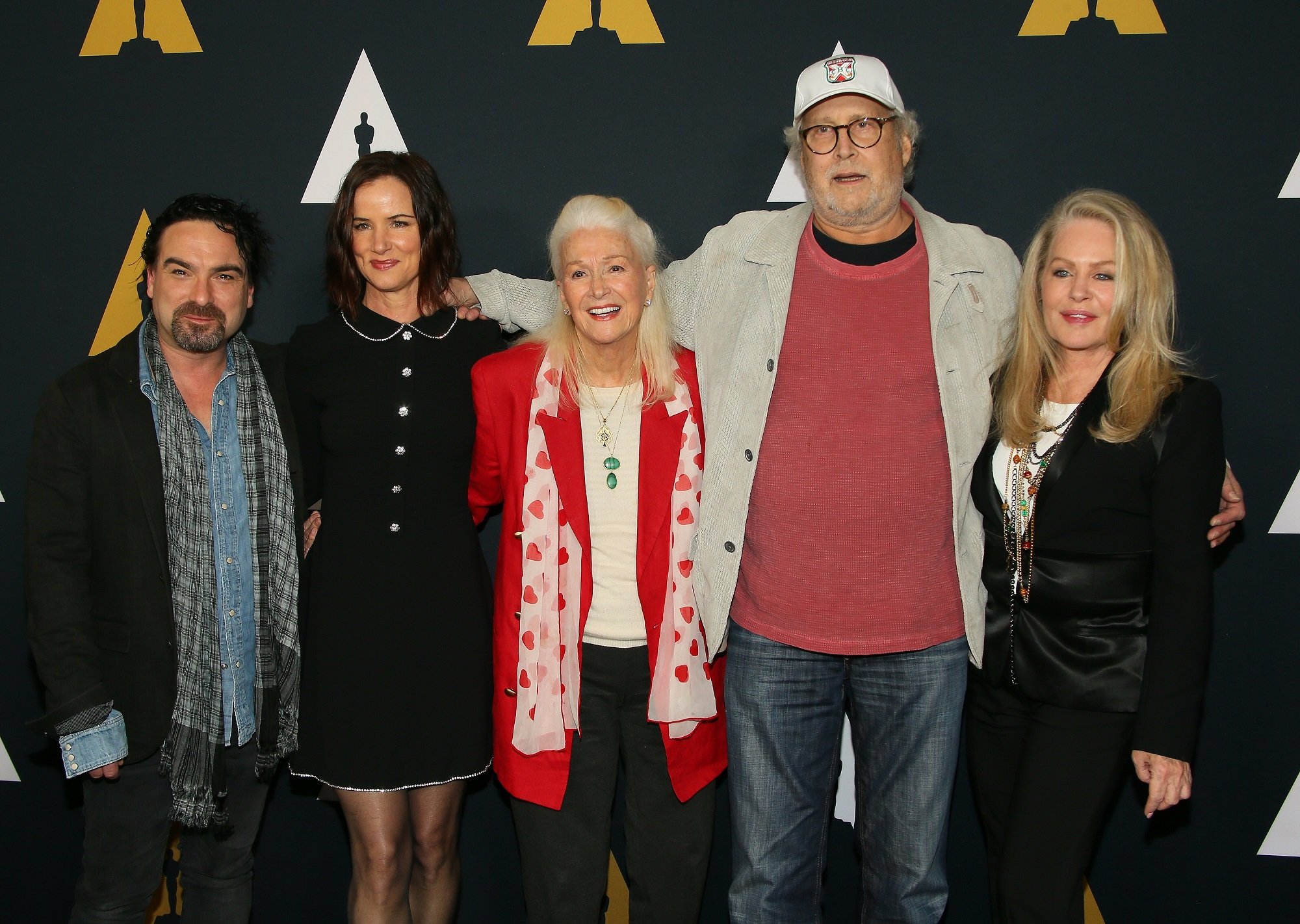 (L-R) Johnny Galecki, Juliette Lewis, Diane Ladd, Chevy Chase, and Beverly D'Angelo attend the AMPAS 30th Anniversary Screening of 'National Lampoons Christmas Vacation' on December 12, 2019.