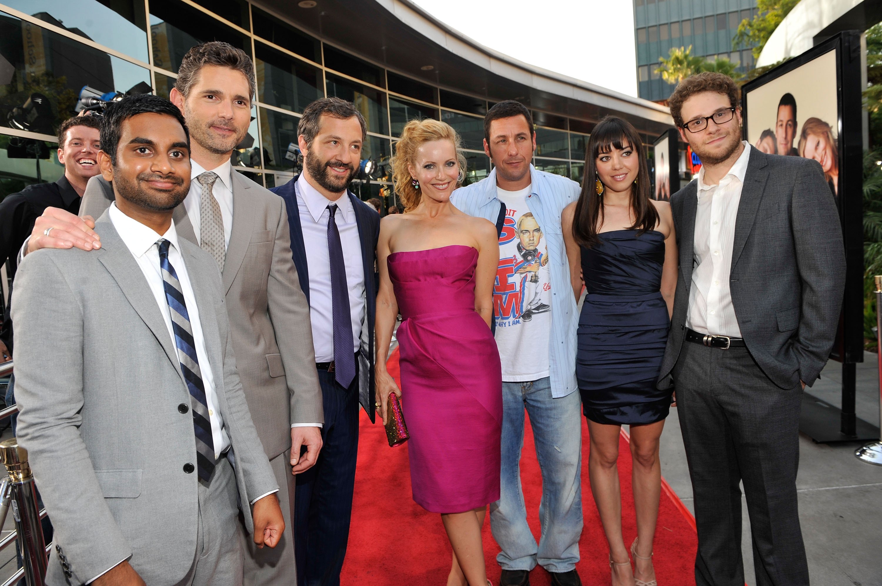 (L-R): Aziz Ansari, Eric Bana, Judd Apatow, Leslie Mann, Adam Sandler, Aubrey Plaza and Seth Rogen at the premiere of 'Funny People' on July 20, 2009. 