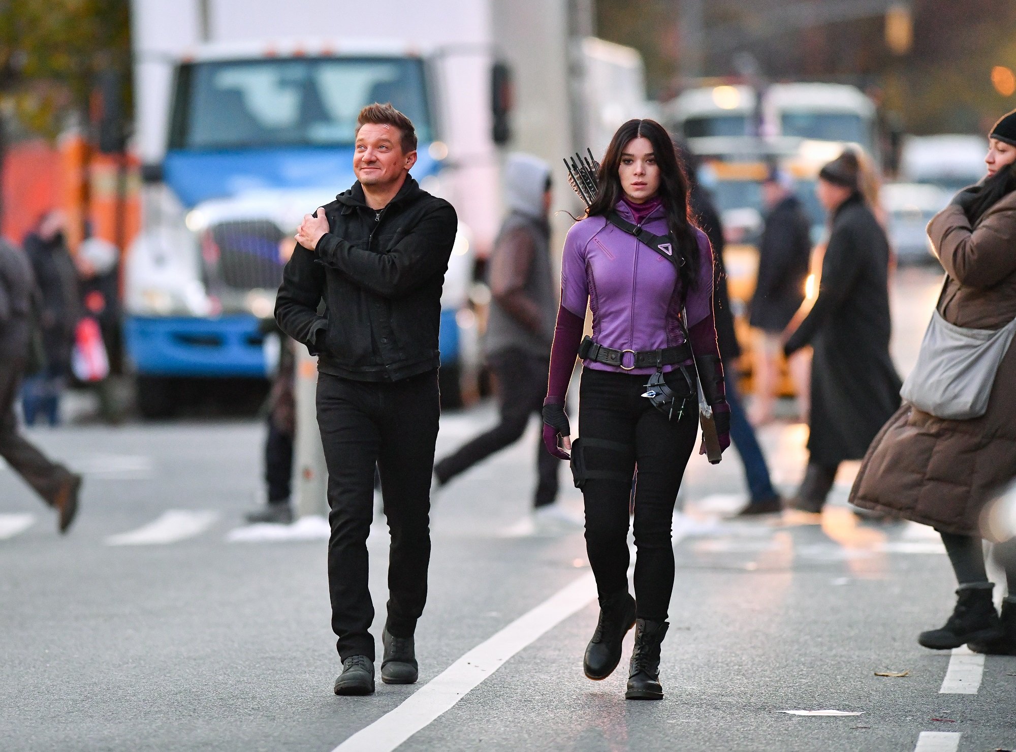 Jeremy Renner and Hailee Steinfeld seen on the set of 'Hawkeye' on December 8, 2020, in New York City.