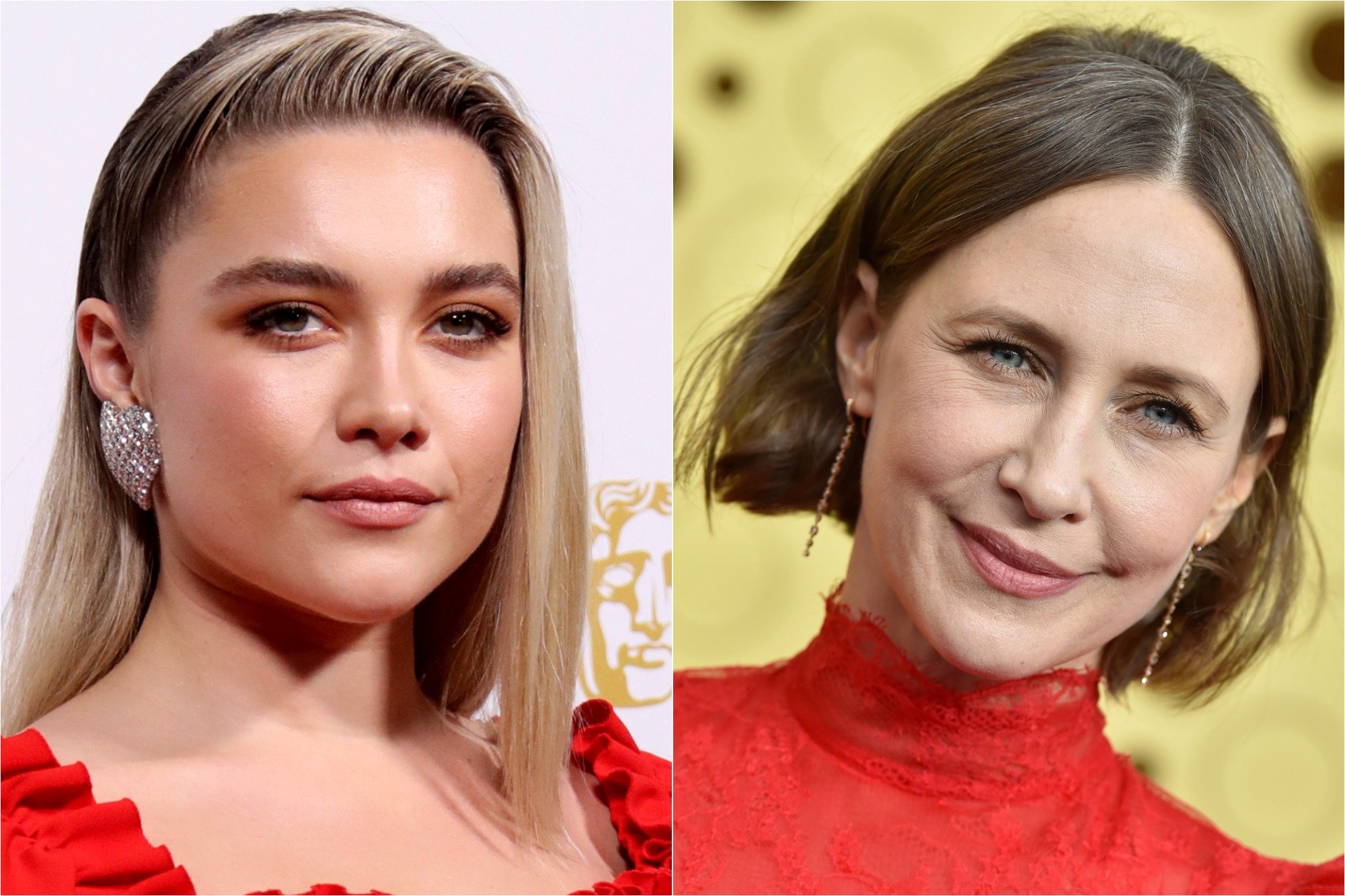Florence Pugh at the EE British Academy Film Awards 2020 Nominees' Party on Feb. 01, 2020 / Vera Farmiga at the 71st Emmy Awards on Sept. 22, 2019