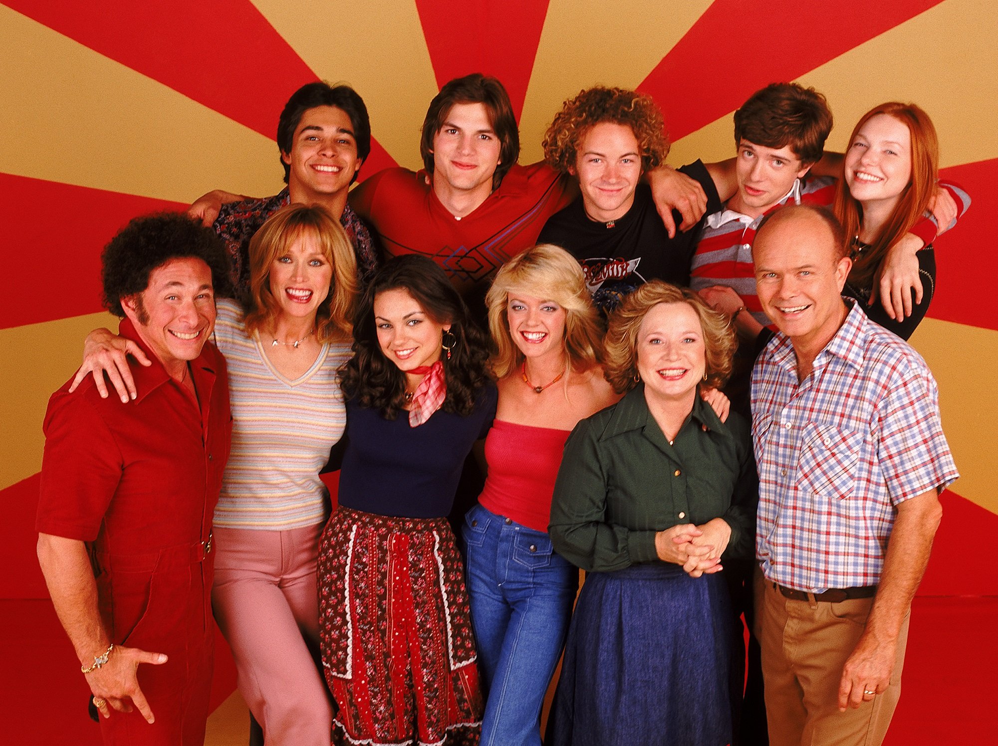 'That '70s Show stars (Top row L-R): Wilmer Valderrama, Ashton Kutcher, Danny Masterson, Topher Grace, Laura Prepon. (Center L-R:) Don Stark, Tanya Roberts, Mila Kunis, Lisa Robin Kelly, Debra Jo Rupp, Kurtwood Smith.