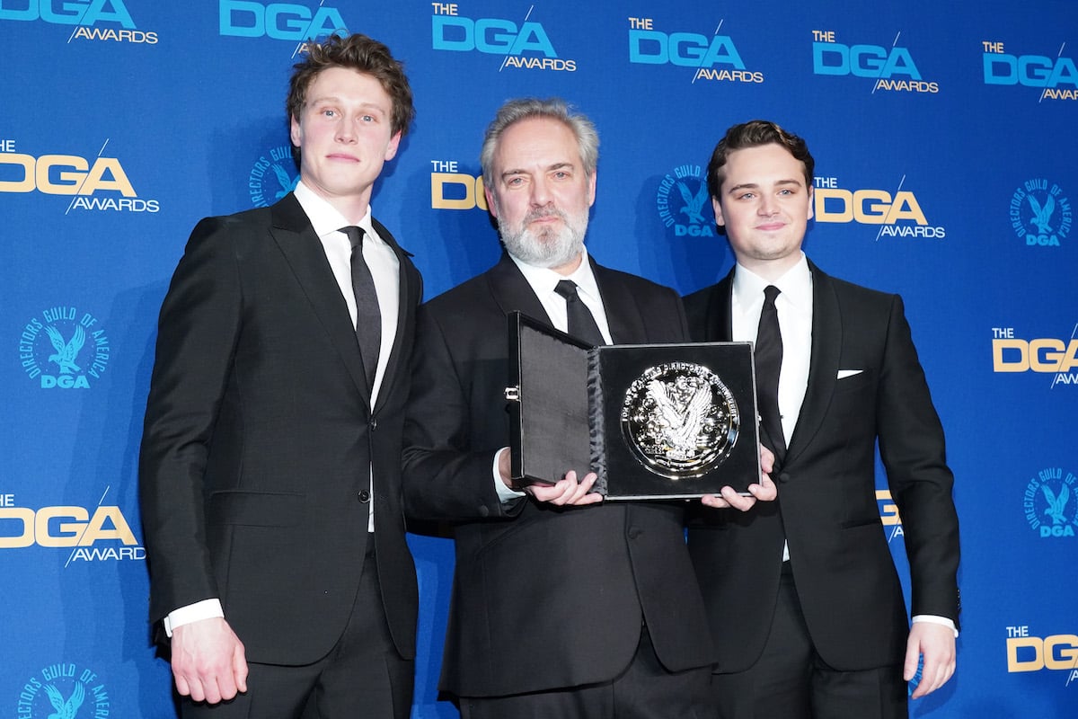 DGA Feature Film Award nominee for ' 1917' Sam Mendes (center) poses in the pressroom with George MacKay (left) and Dean-Charles Chapman during the 72nd-annual Directors Guild of America Awards at the Ritz-Carlton on January 25, 2020, in Los Angeles, California.