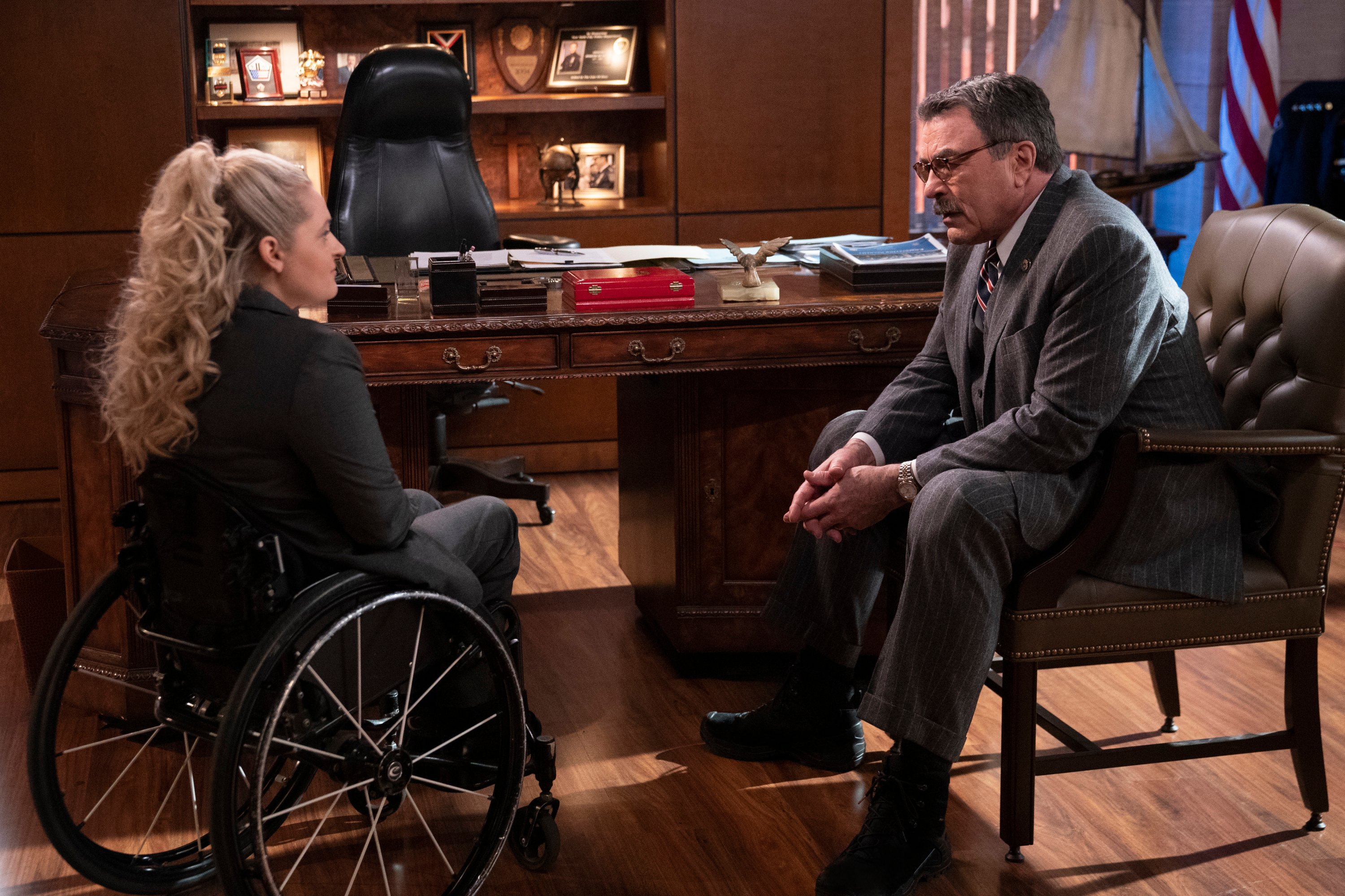 Ali Stroker as Detective Allison Mulaney and Tom Selleck as Frank Reagan | Patrick Harbron/CBS via Getty Images