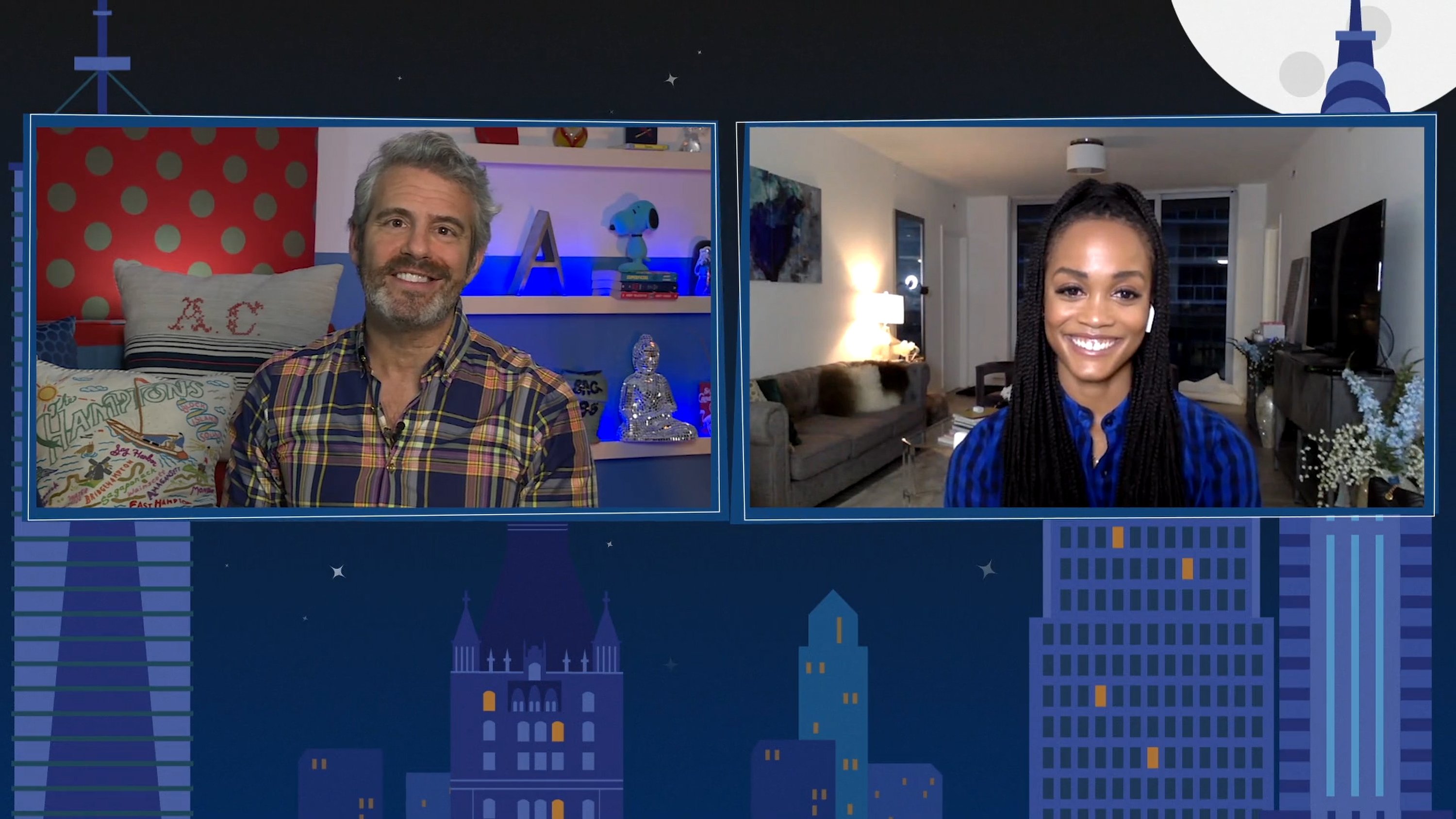 'Watch What Happens Live with Andy Cohen at Home' -- Episode 17102 -- Pictured in this screen grab: (l-r) Andy Cohen, Rachel Lindsay