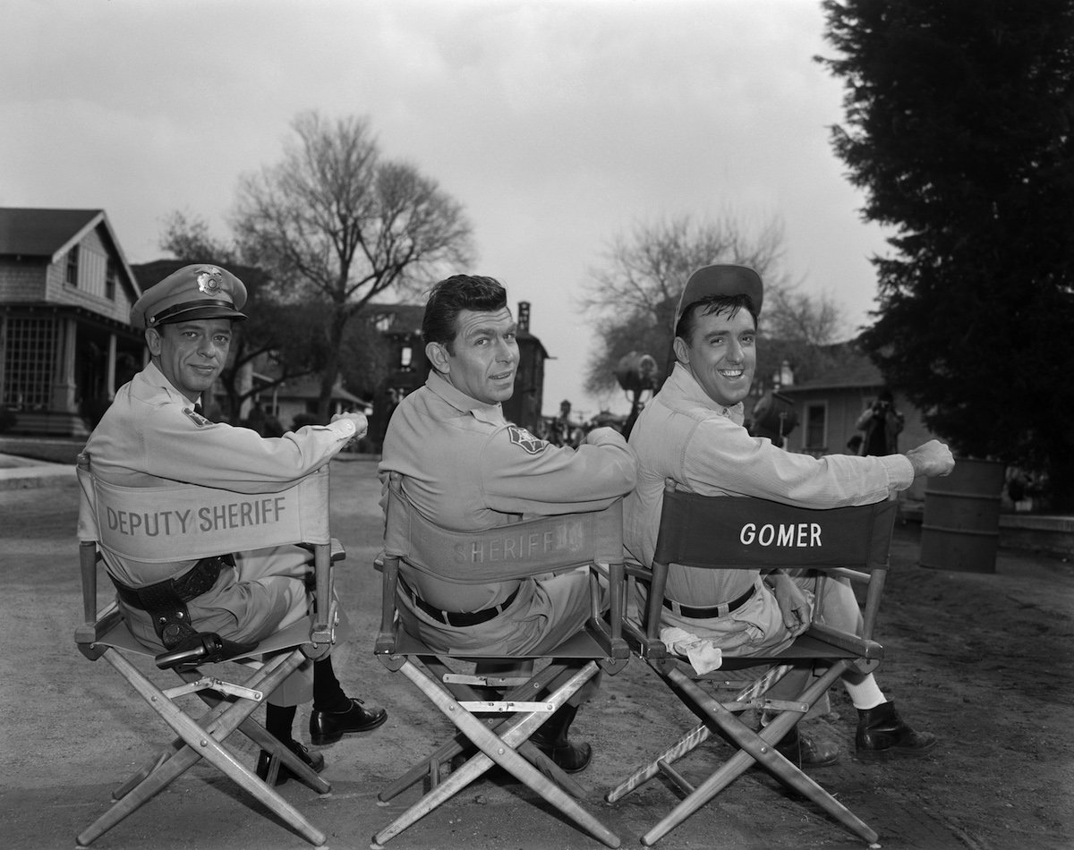 Andy Griffith as Sheriff Andy Taylor, Don Knotts as Deputy Barney Fife and Jim Nabors as Gomer Pyle during season 4.