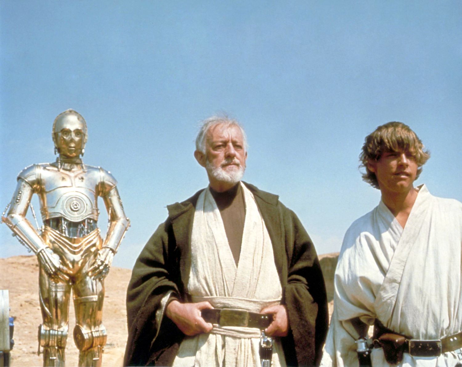 Anthony Daniels, Alec Guinness and Mark Hamill on the set of Star Wars Episode IV A New Hope