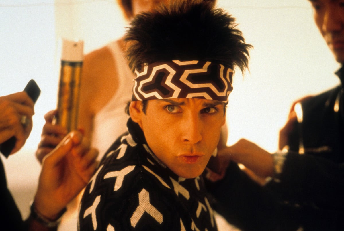 Ben Stiller wearing a headband in a scene from the film 'Zoolander', 2001.