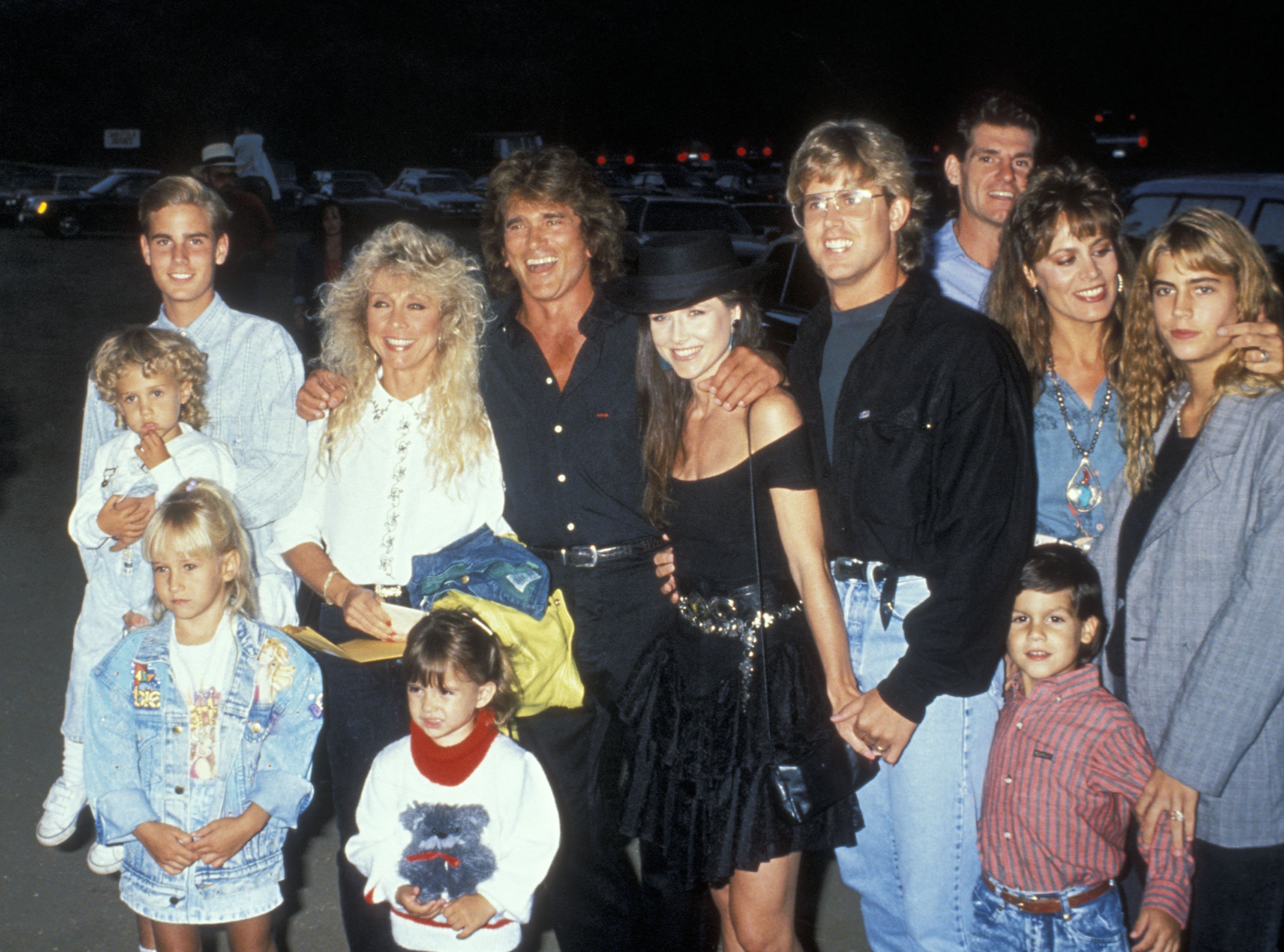Christopher Landon and date, Sean Landon, Jennifer Landon, Cindy Clerico, actor Michael Landon, Michael Landon Jr. and date, Mark Landon, Leslie Landon and Shawna Landon attend Third Annual Moonlight Roundup Benefiting Free Arts for Abused Children on July 29, 1989 at Calamigos Ranch in Malibu, California