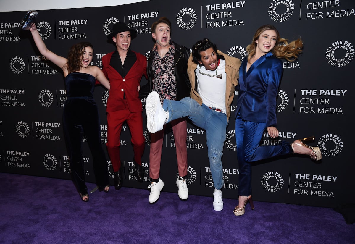Mary Mouser (left), Tanner Buchanan, Jacob Bertrand, Xolo Mariduena, and Peyton List attend the premiere screening and conversation of YouTube Original's "Cobra Kai" Season 2 at the Paley Center for Media on April 22, 2019, in Beverly Hills, California.