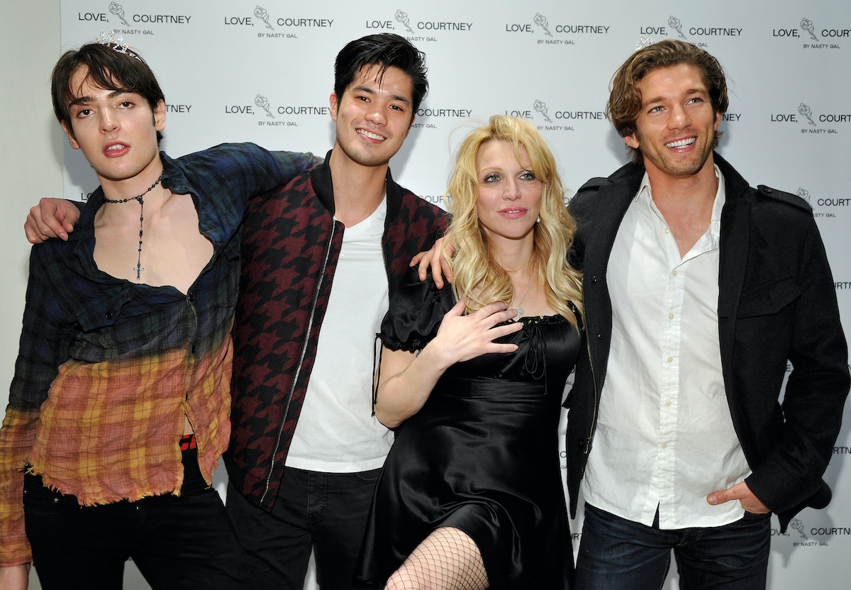 Harry Brandt, Ross Butler, Courtney Love, and James Norley