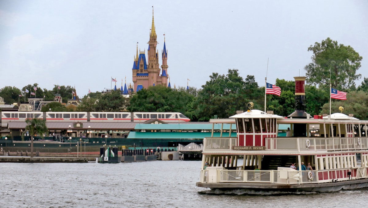 Ferry boats and monorails operate during the official reopening day of the Magic Kingdom at Walt Disney World on July 11, 2020.