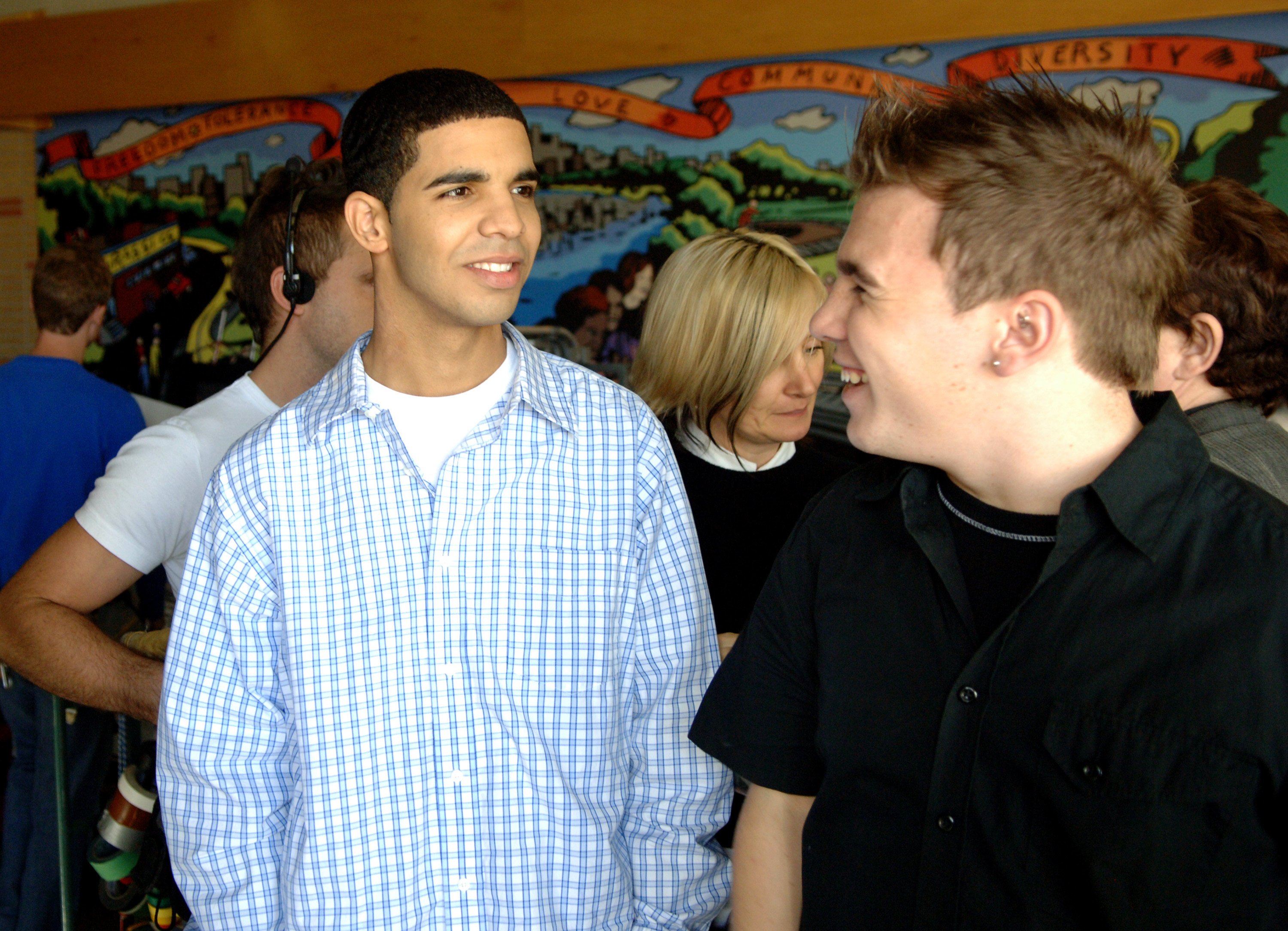 Aubrey Graham (Jimmy) and Shane Kippel (Spinner) during "Degrassi: The Next Generation" Celebrates 100th Episode at Degrassi High School Set in Toronto, Ontario, Canada