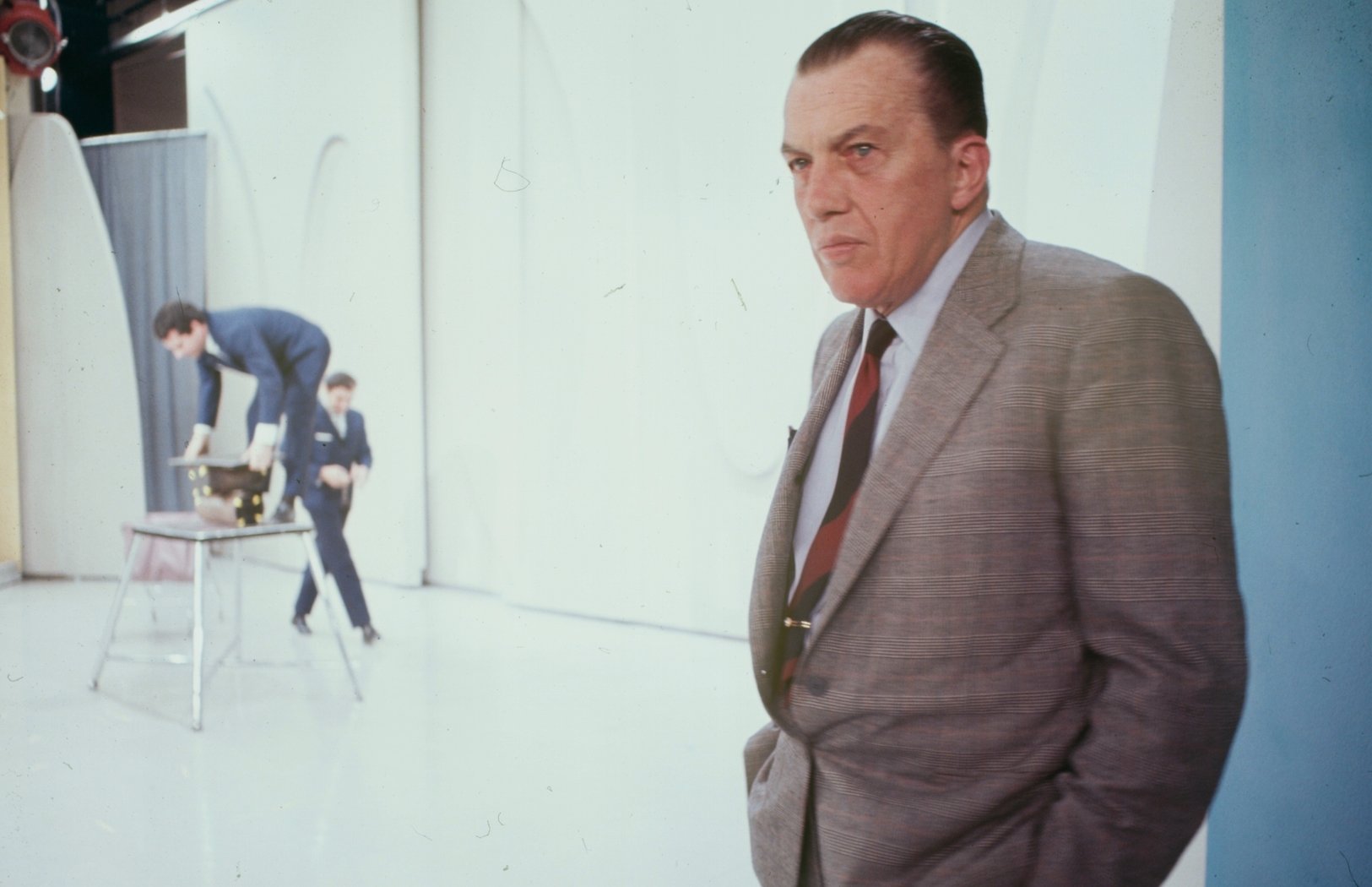 Portrait of television show host Ed Sullivan on the set of its 20th anniversary performance, 1967