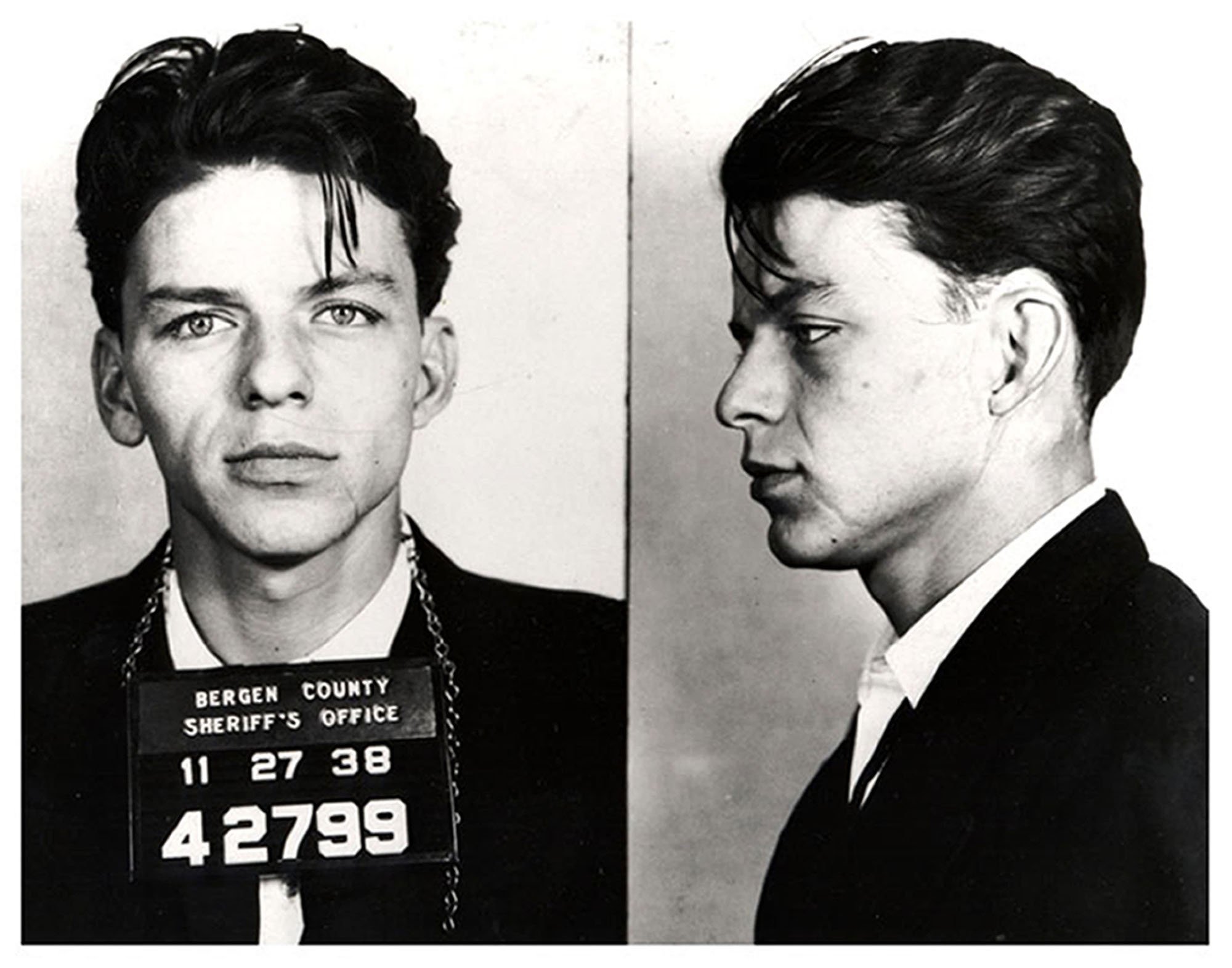 Frank Sinatra in a paneled mug shot (L) Sinatra facing front (R) Sinatra in profile