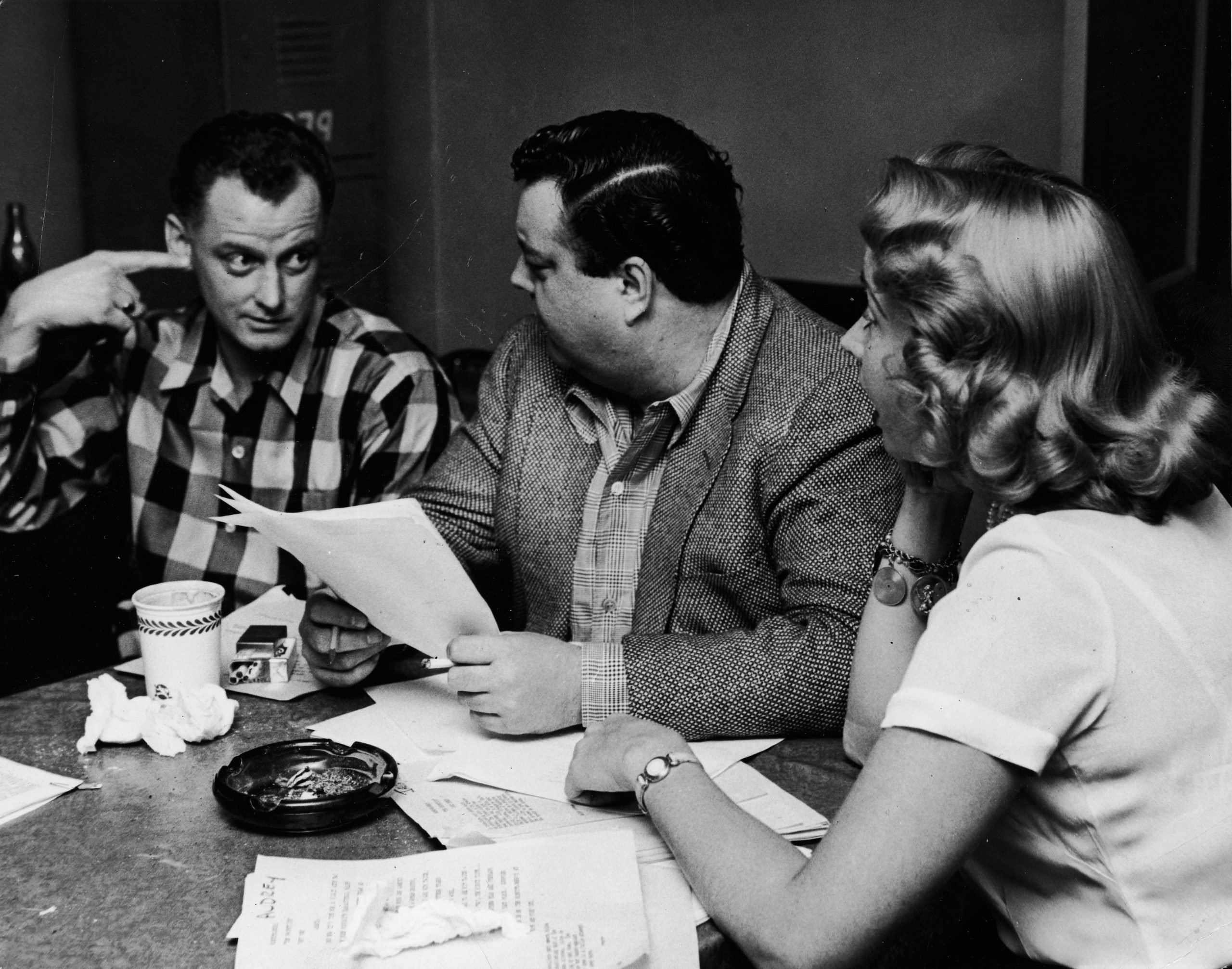 Art Carney, Jackie Gleason, and Audrey Meadows rehearsing for 'The Honeymooners', 1956