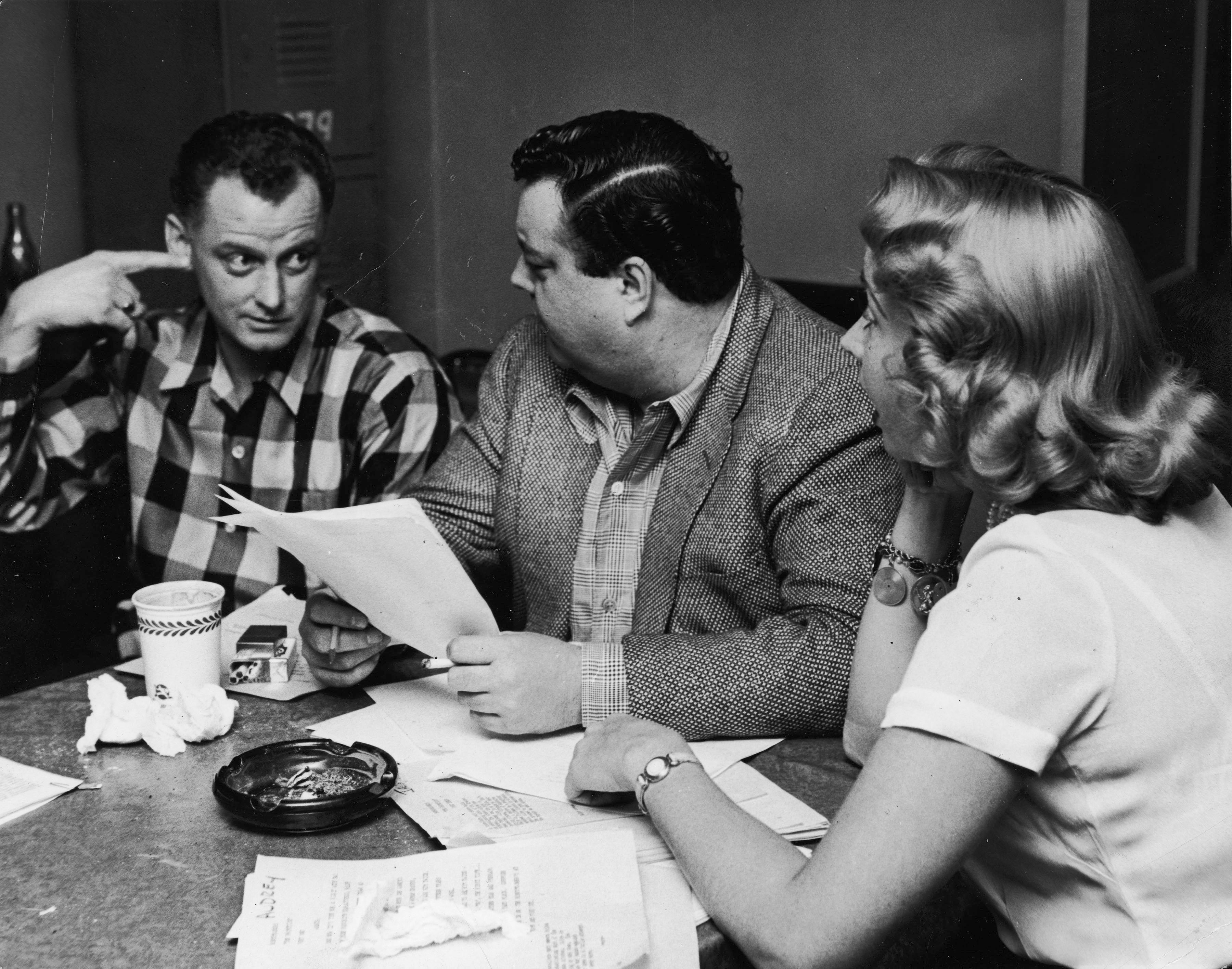 Art Carney, Jackie Gleason, and Audrey Meadows rehearsing for 'The Honeymooners', 1956