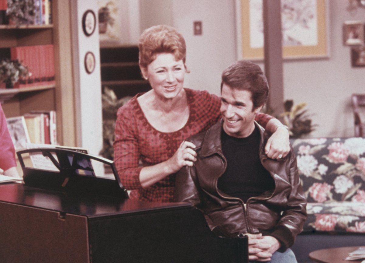 Marion Ross as Mrs. C. and Henry Winkler as Arthur Fonzarelli on 'Happy Days'