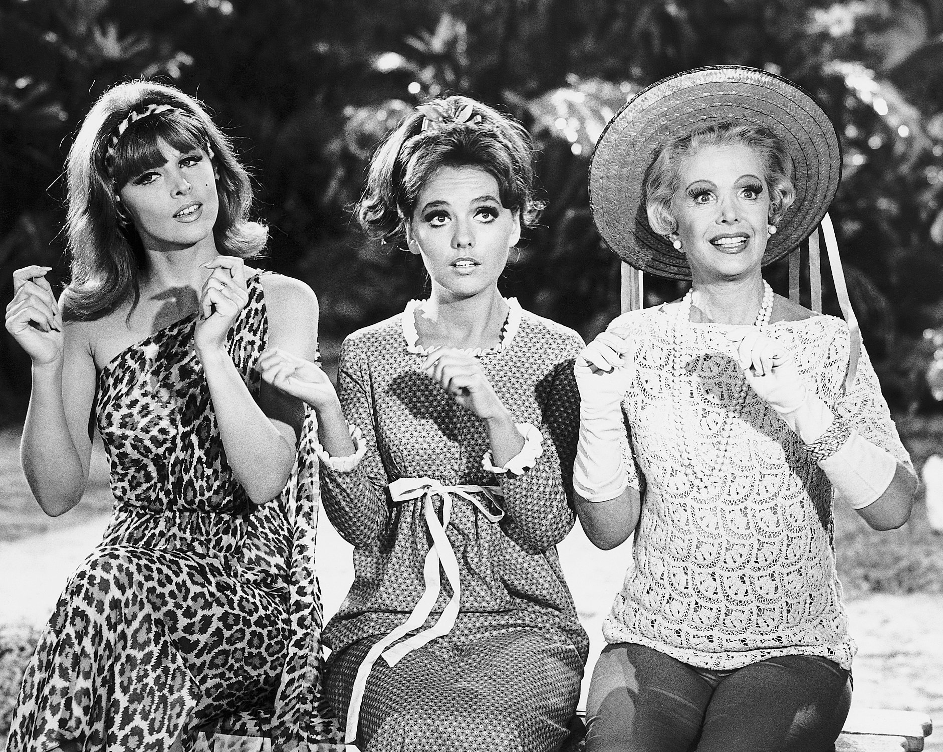 Ginger (Tina Louise), Mary Ann (Dawn Wells), and Mrs. Howell (Natalie Schaefer) in 'Gilligan's Island'