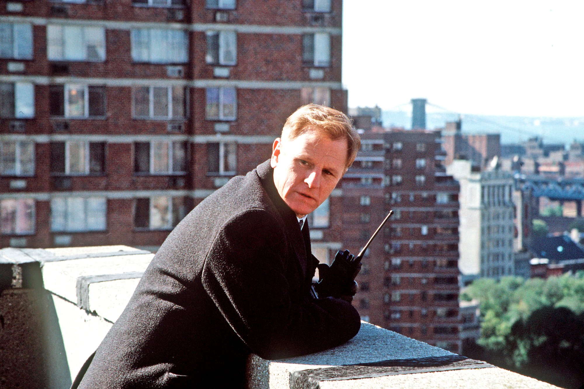 Gordon Clapp on NYPD Blue, leaning on the edge of a building in front of a cityscape