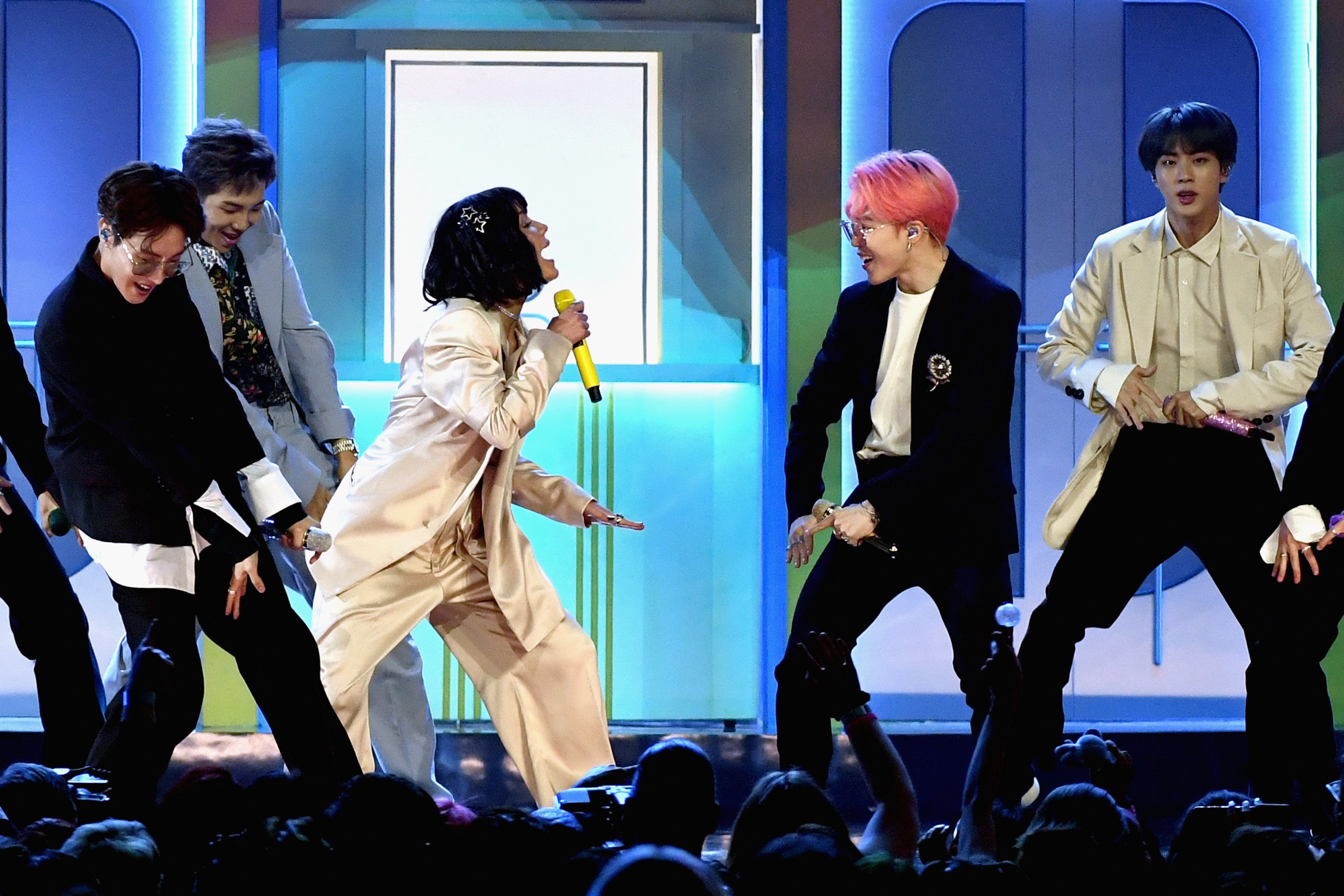 Halsey and BTS perform onstage during the 2019 Billboard Music Awards