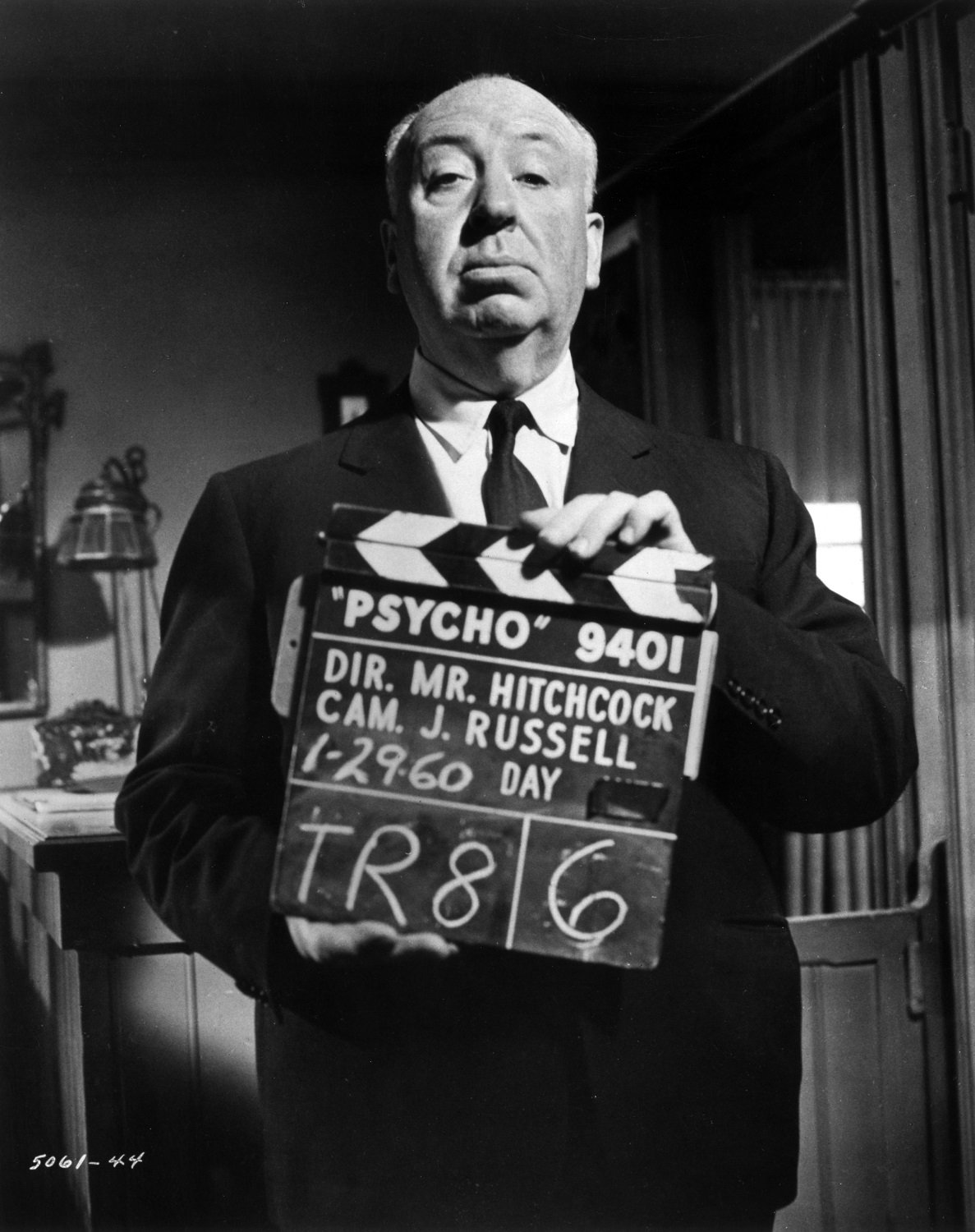 Alfred Hitchcock on the set of 'Psycho' in 1960