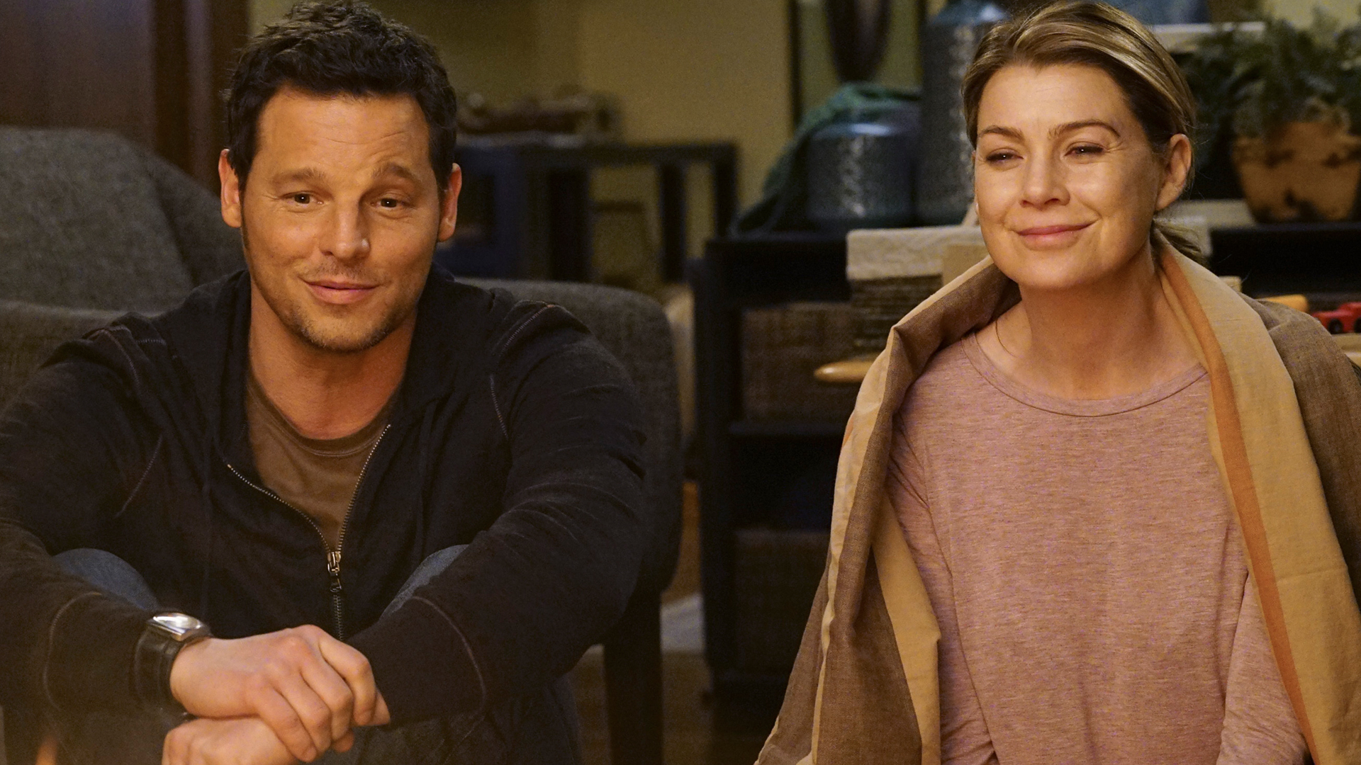 Justin Chambers as Alex Karev and Ellen Pompeo as Meredith Grey on 'Grey's Anatomy' Season 12