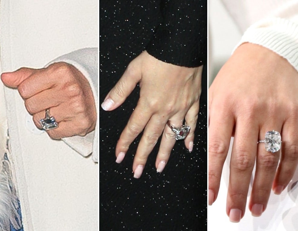 (L) Jennifer Lopez's engagement ring, (C) Mariah Carey's engagement ring, (R) Kim Kardashian West's Engagement ring