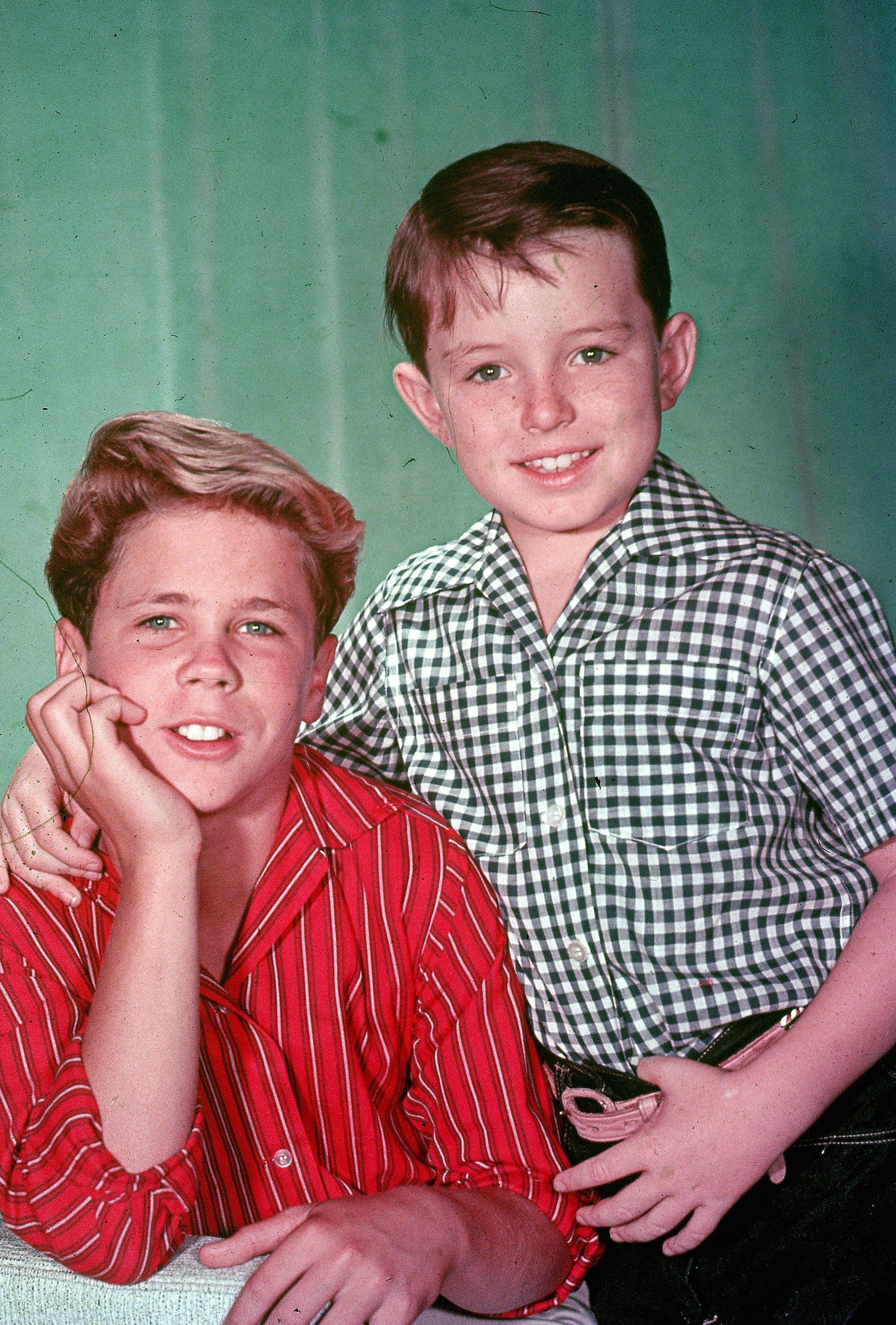 Promotional studio portrait of actors Tony Dow (L) and Jerry Mathers from the television series, 'Leave It to Beaver,' circa 1957